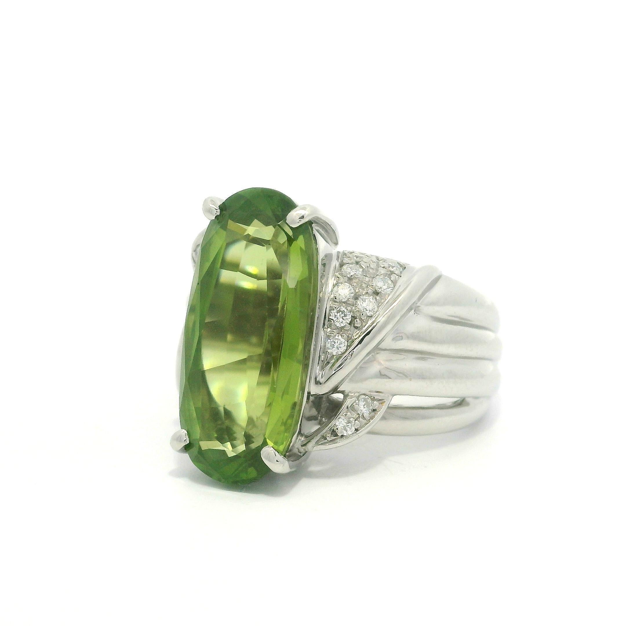 Platinum 7.61ctw Large Elongated Oval Peridot & Diamond Heavy Well Made Ring For Sale 5