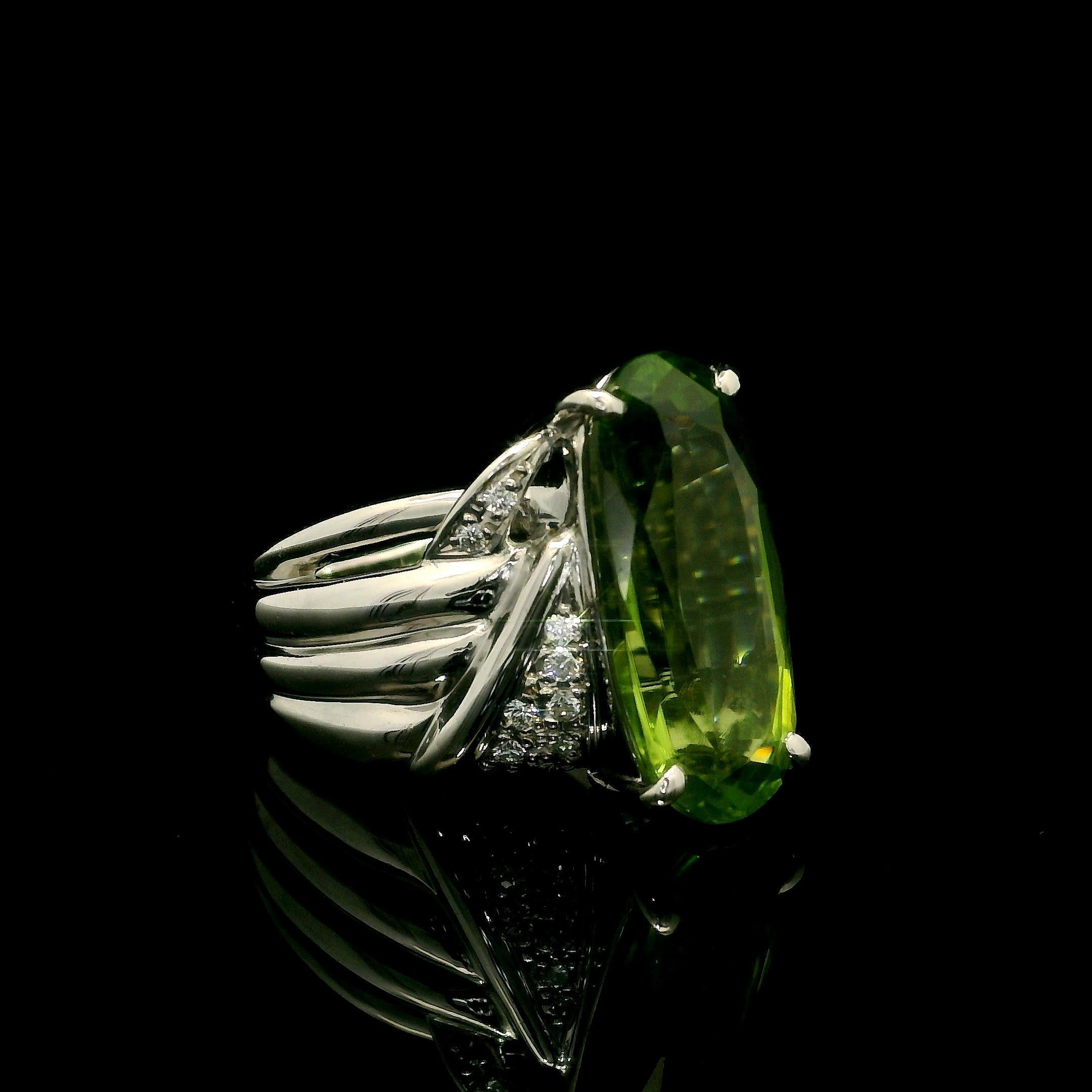 Oval Cut Platinum 7.61ctw Large Elongated Oval Peridot & Diamond Heavy Well Made Ring For Sale