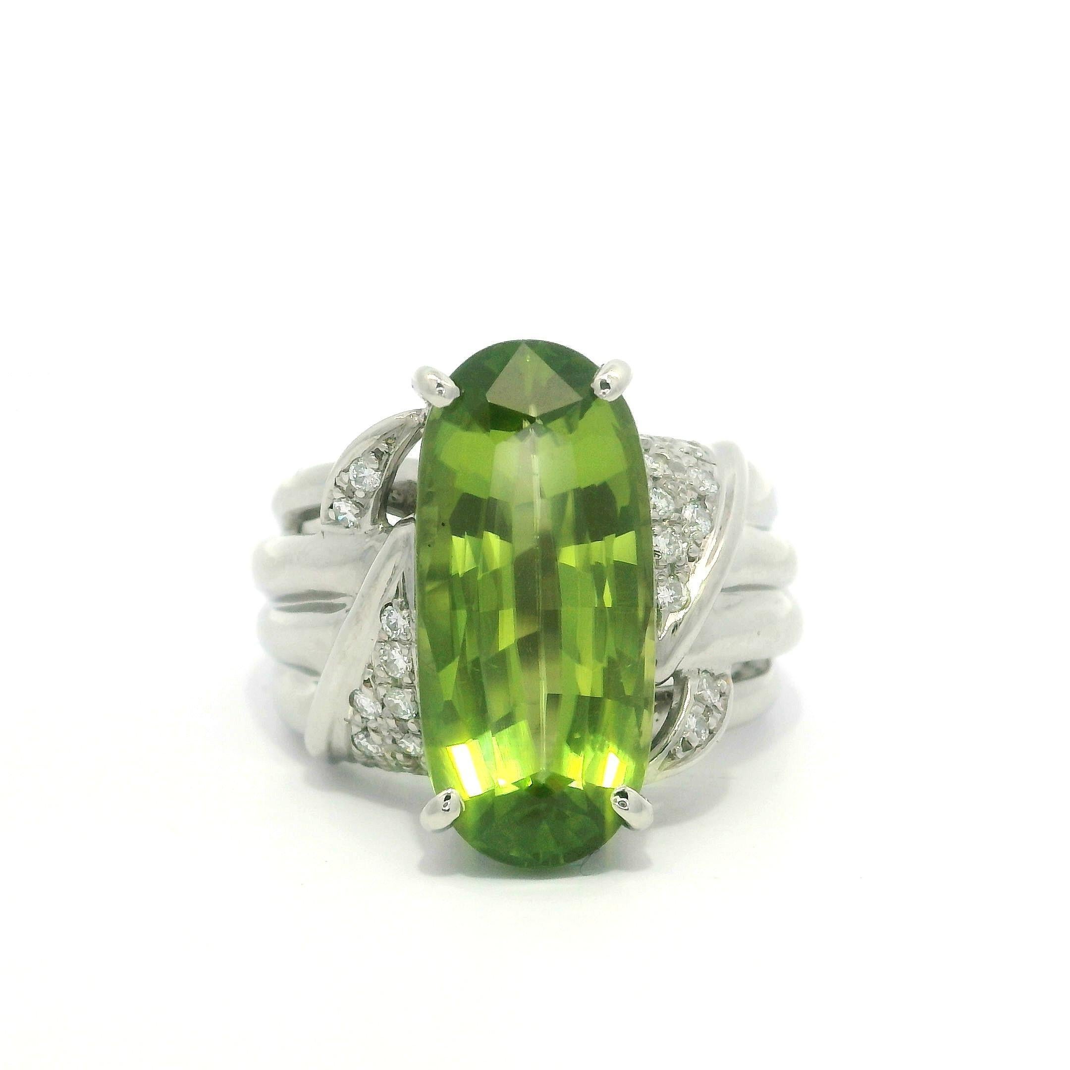 Platinum 7.61ctw Large Elongated Oval Peridot & Diamond Heavy Well Made Ring For Sale 1