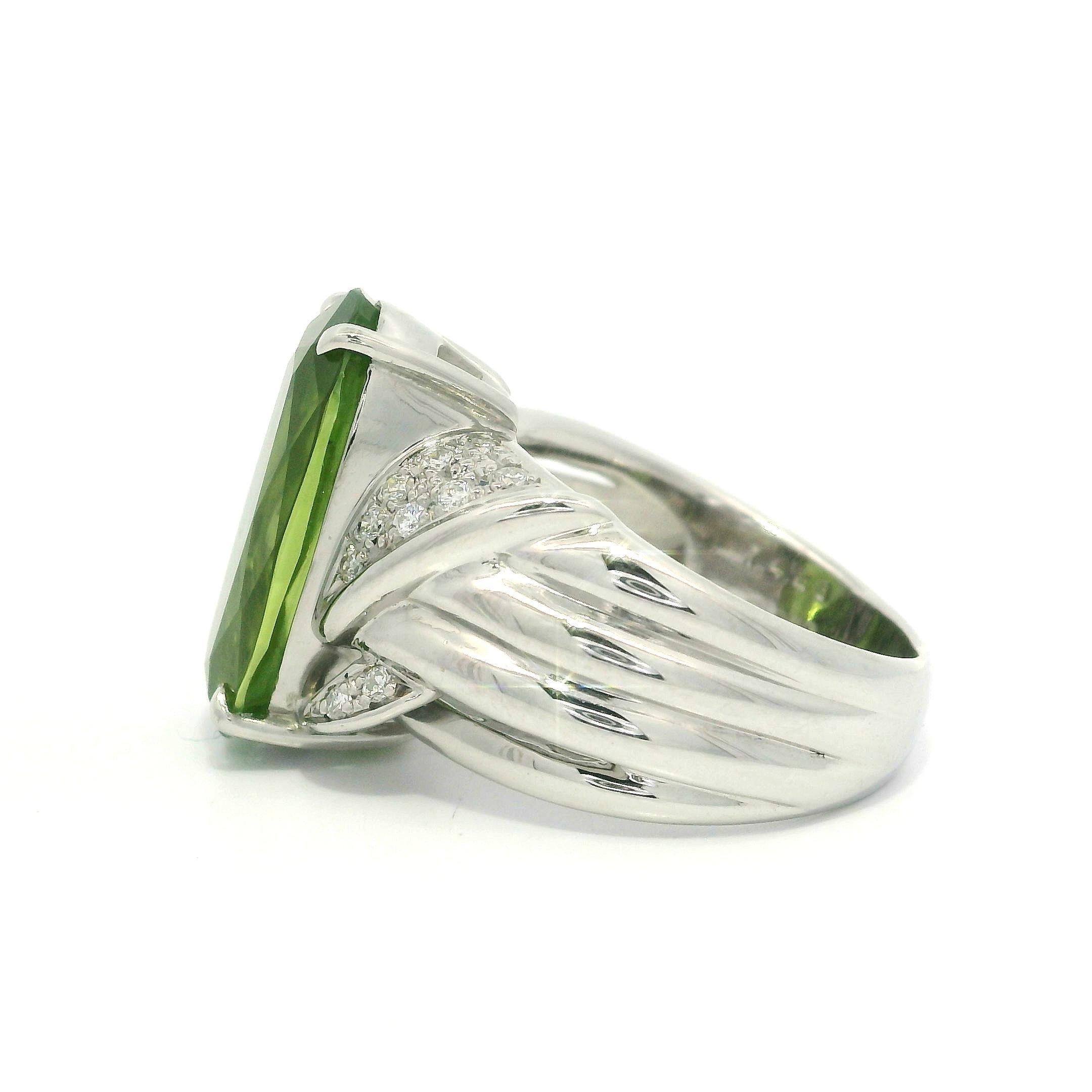 Platinum 7.61ctw Large Elongated Oval Peridot & Diamond Heavy Well Made Ring For Sale 4