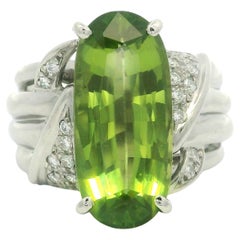 Platinum 7.61ctw Large Elongated Oval Peridot & Diamond Heavy Well Made Ring