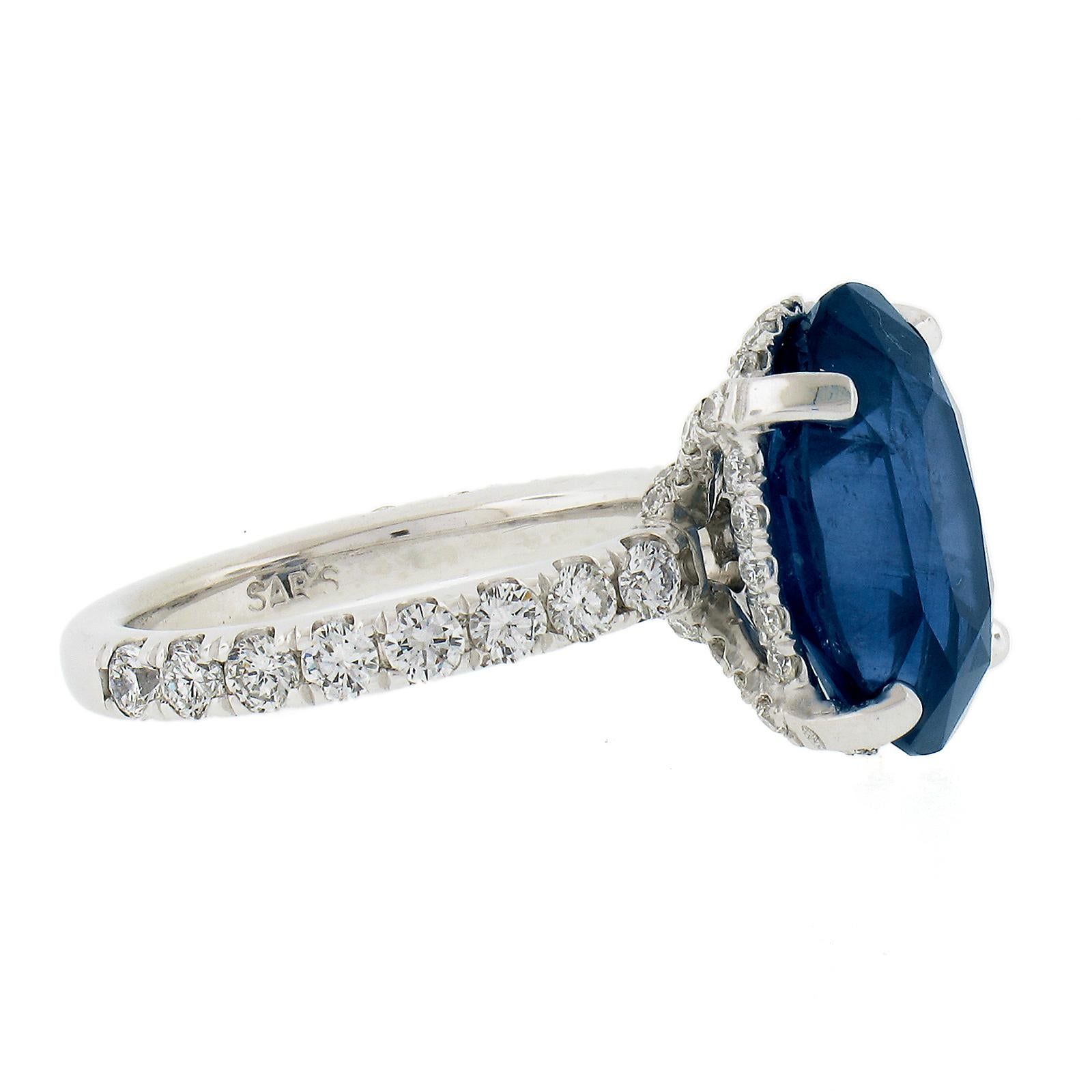 Women's Platinum 7.62ctw GIA Oval Brilliant Blue Sapphire Engagement Ring w/ Hidden Diam For Sale