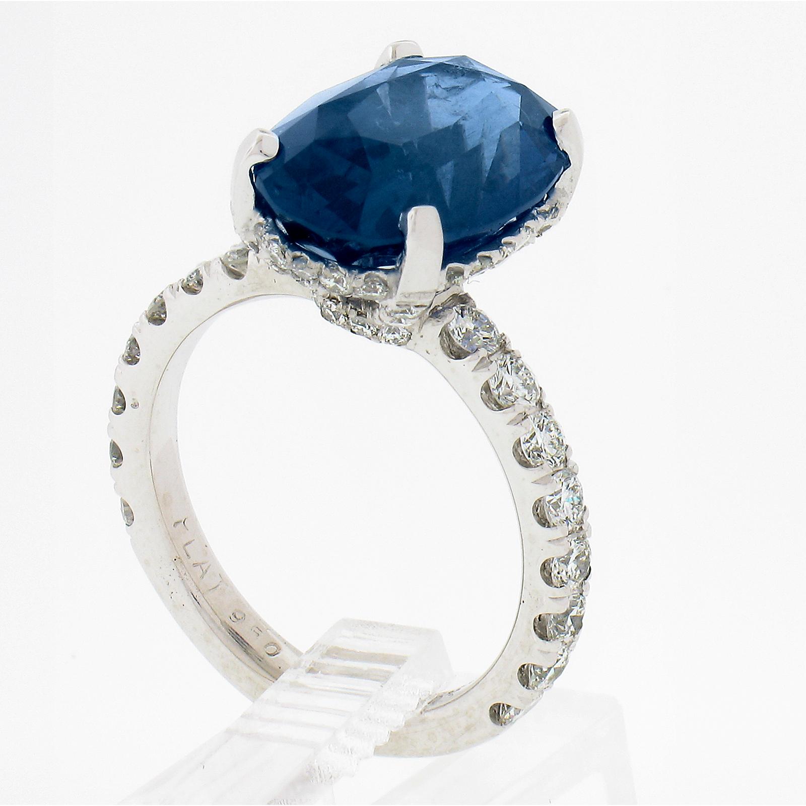 Platinum 7.62ctw GIA Oval Brilliant Blue Sapphire Engagement Ring w/ Hidden Diam For Sale 3