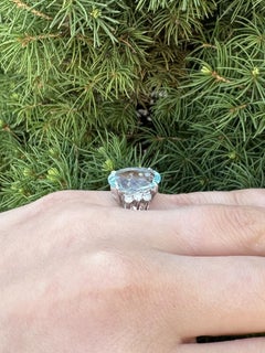 Platinum 7.65ctw Large Oval Aquamarine w/ Diamond Sides Statement Cocktail Ring