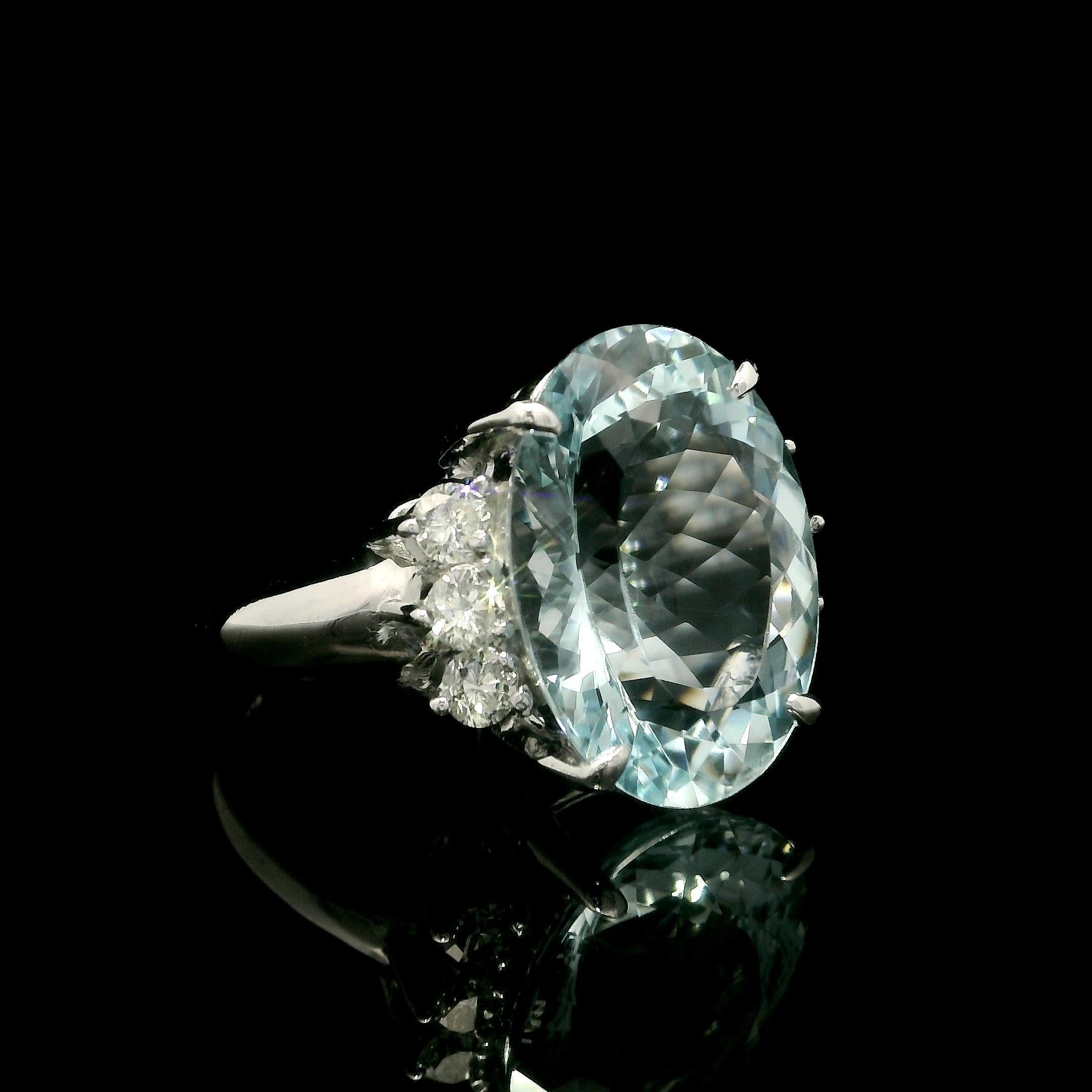 Oval Cut Platinum 7.65ctw Large Oval Aquamarine w/ Diamond Sides Statement Cocktail Ring For Sale