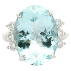Platinum 7.65ctw Large Oval Aquamarine w/ Diamond Sides Statement Cocktail Ring