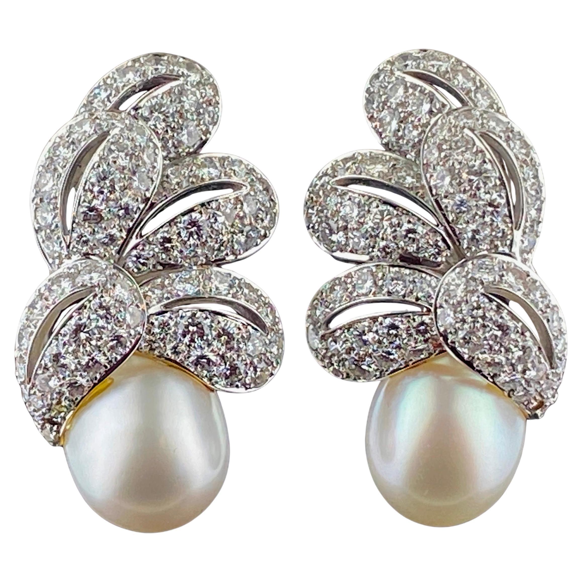 Platinum 7.75 Carat Diamond South Sea Pearl Earrings