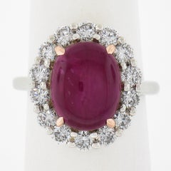 Platinum 7.75ctw GIA Oval Cabochon Burma No Heat Ruby Diamond Halo Cocktail Ring