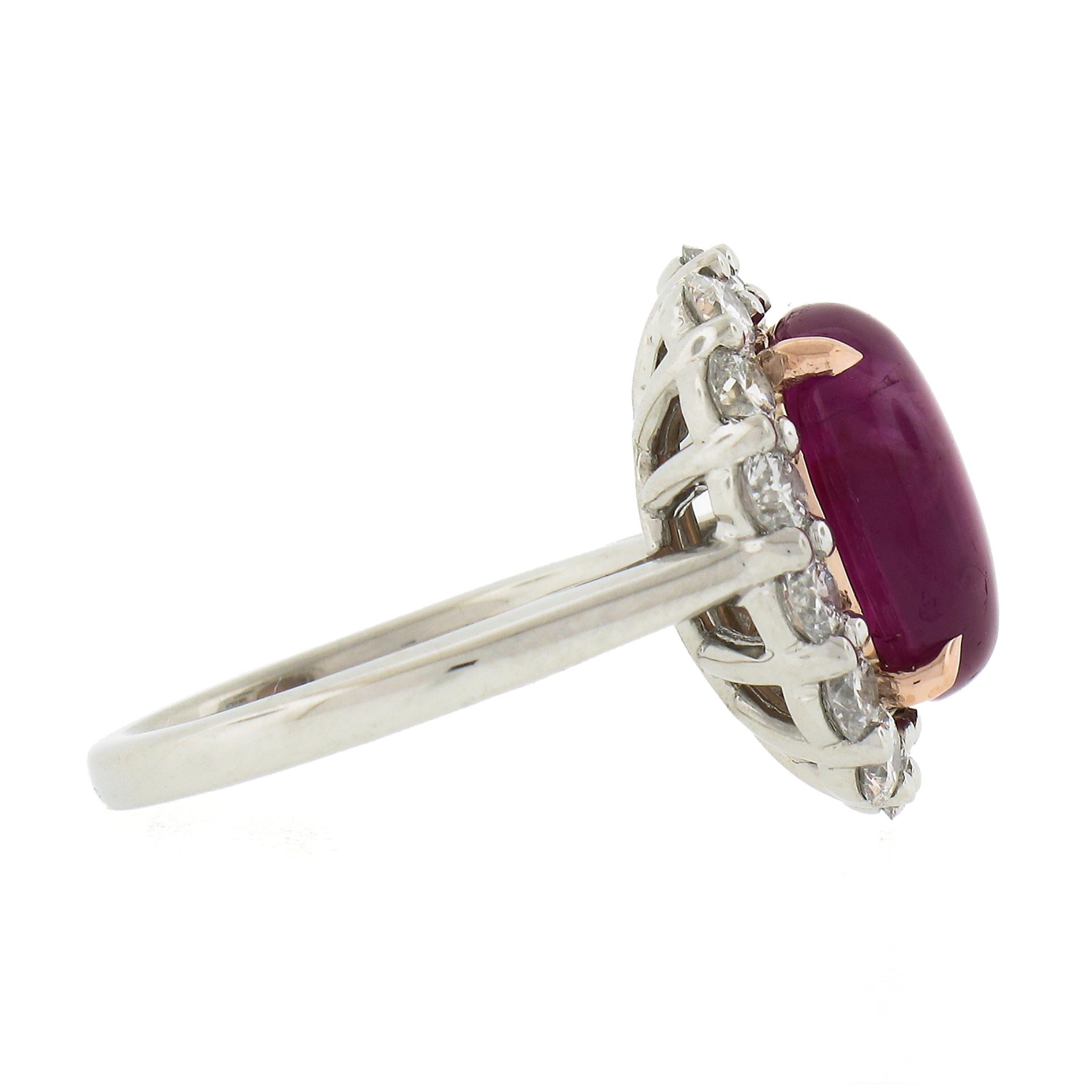 Platinum 7.75ctw GIA Oval Cabochon Burma No Heat Ruby Diamond Halo Cocktail Ring In New Condition For Sale In Montclair, NJ