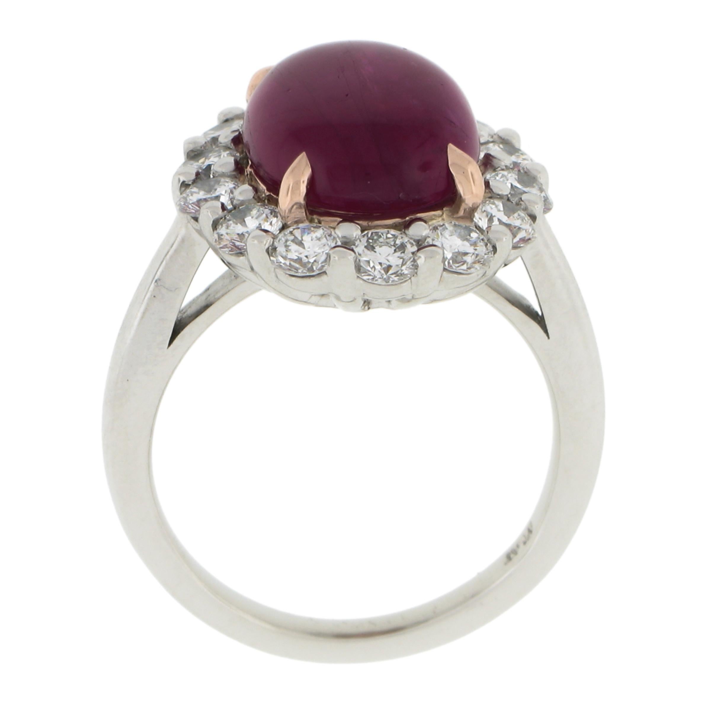 Platinum 7.75ctw GIA Oval Cabochon Burma No Heat Ruby Diamond Halo Cocktail Ring For Sale 2