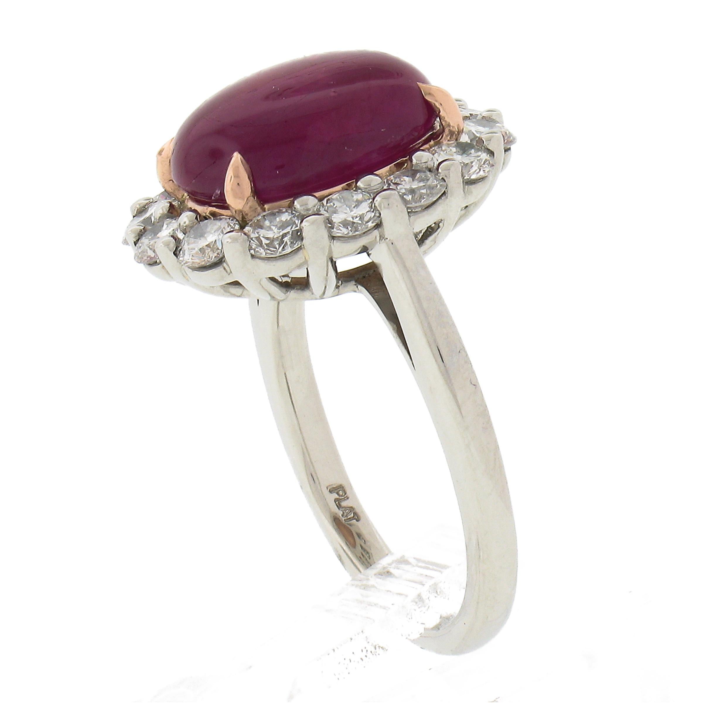 Platinum 7.75ctw GIA Oval Cabochon Burma No Heat Ruby Diamond Halo Cocktail Ring For Sale 3