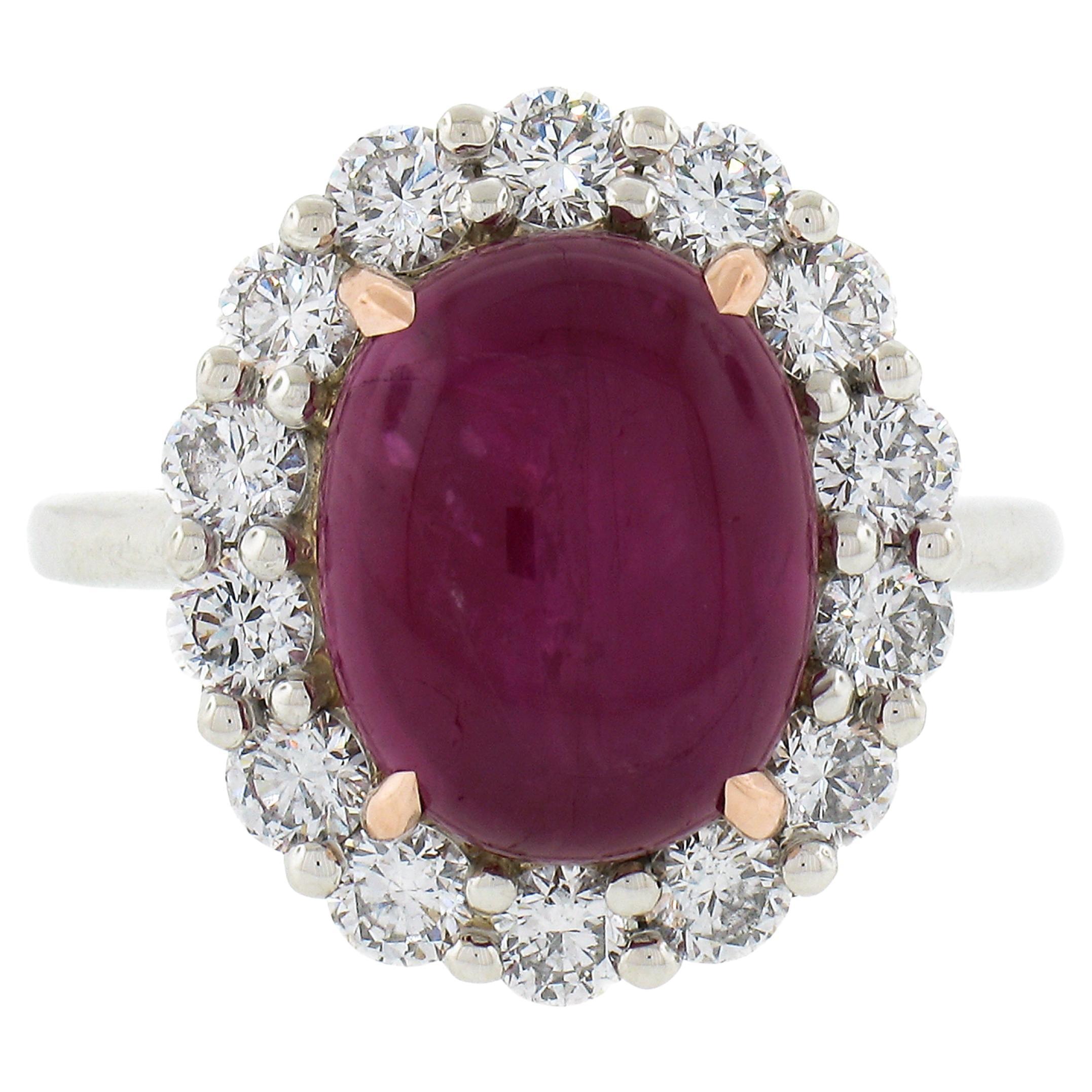 Platinum 7.75ctw GIA Oval Cabochon Burma No Heat Ruby Diamond Halo Cocktail Ring For Sale