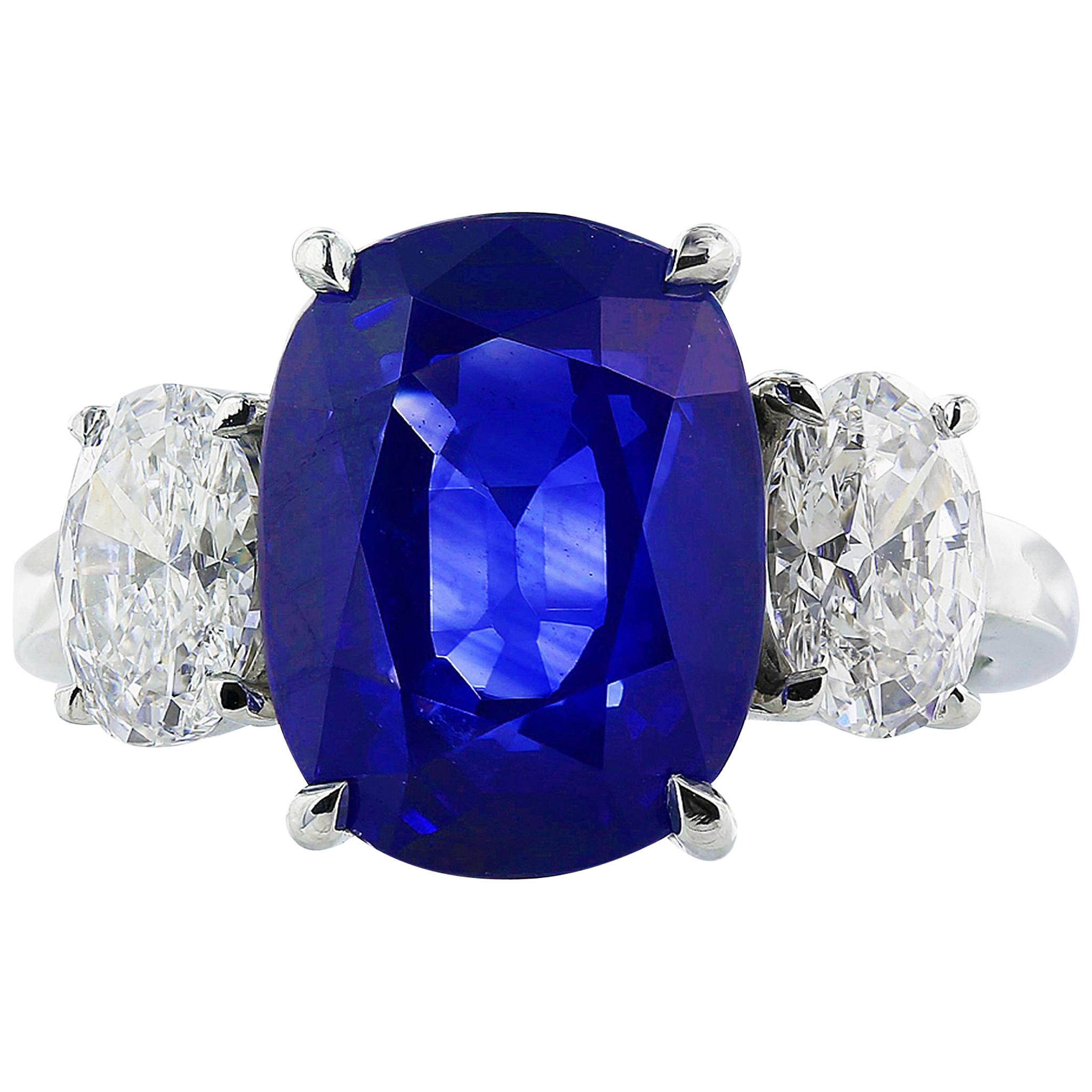 Platinum 7.99 Carat Sapphire and Diamond Three-Stone Ring For Sale