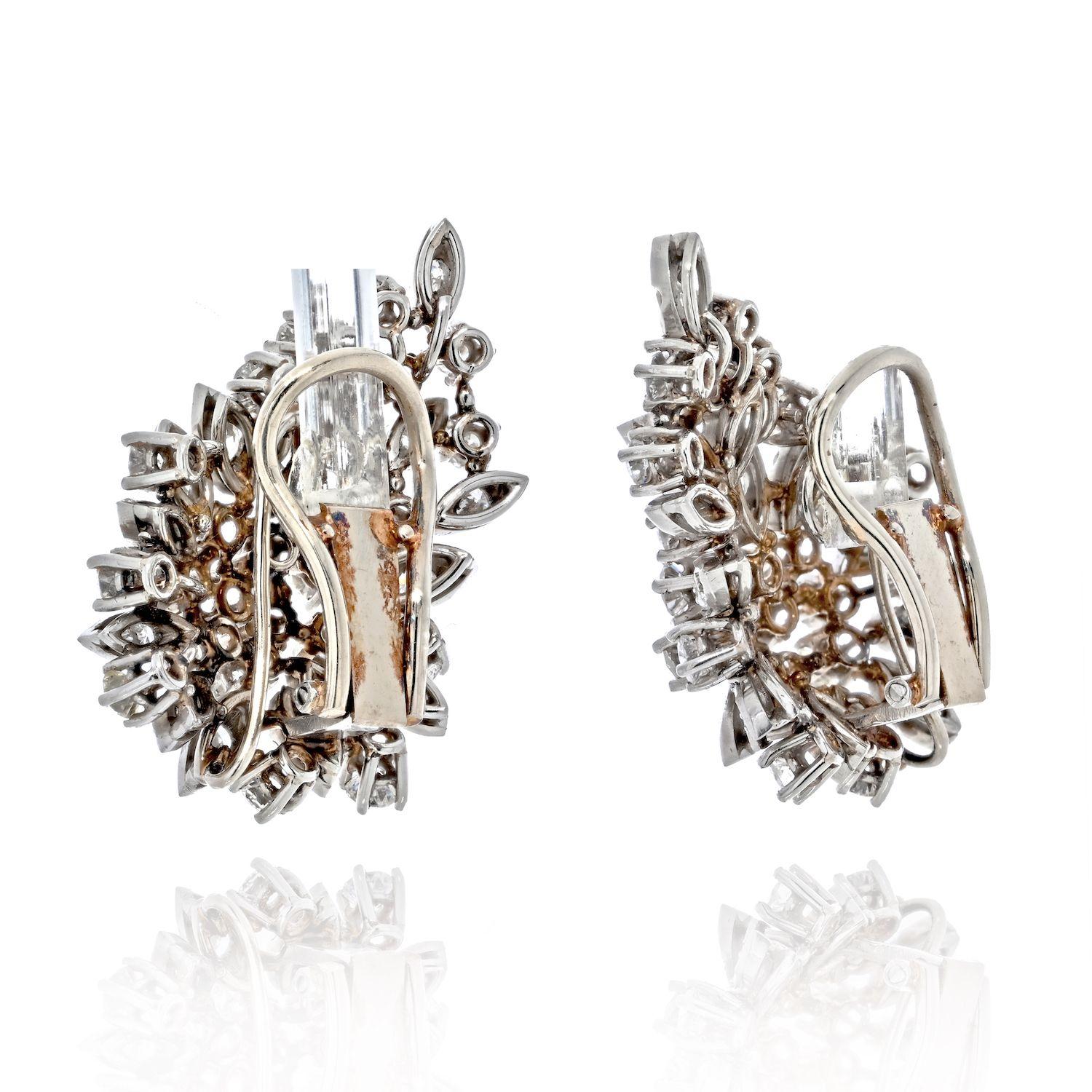 Modern Platinum 8 Carat Round Diamond Cluster Clip Earrings For Sale