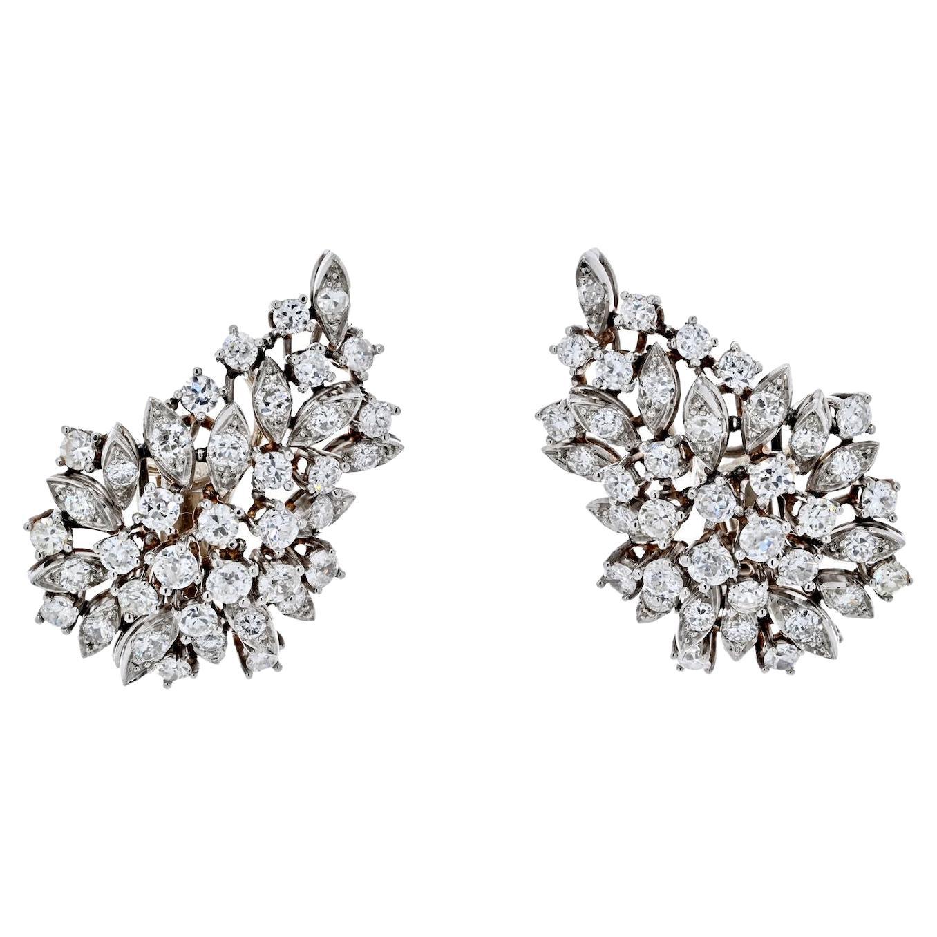 Platinum 8 Carat Round Diamond Cluster Clip Earrings