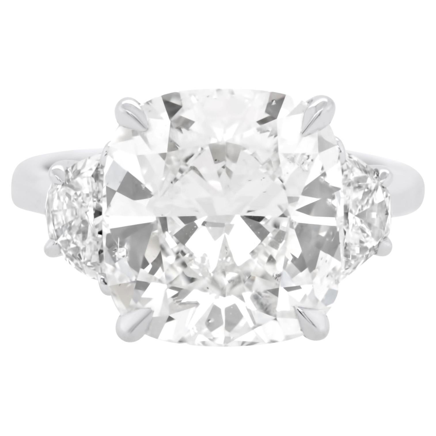 Diana M. Platinum 8.09 Three Stone Cushion Cut Diamond Ring For Sale