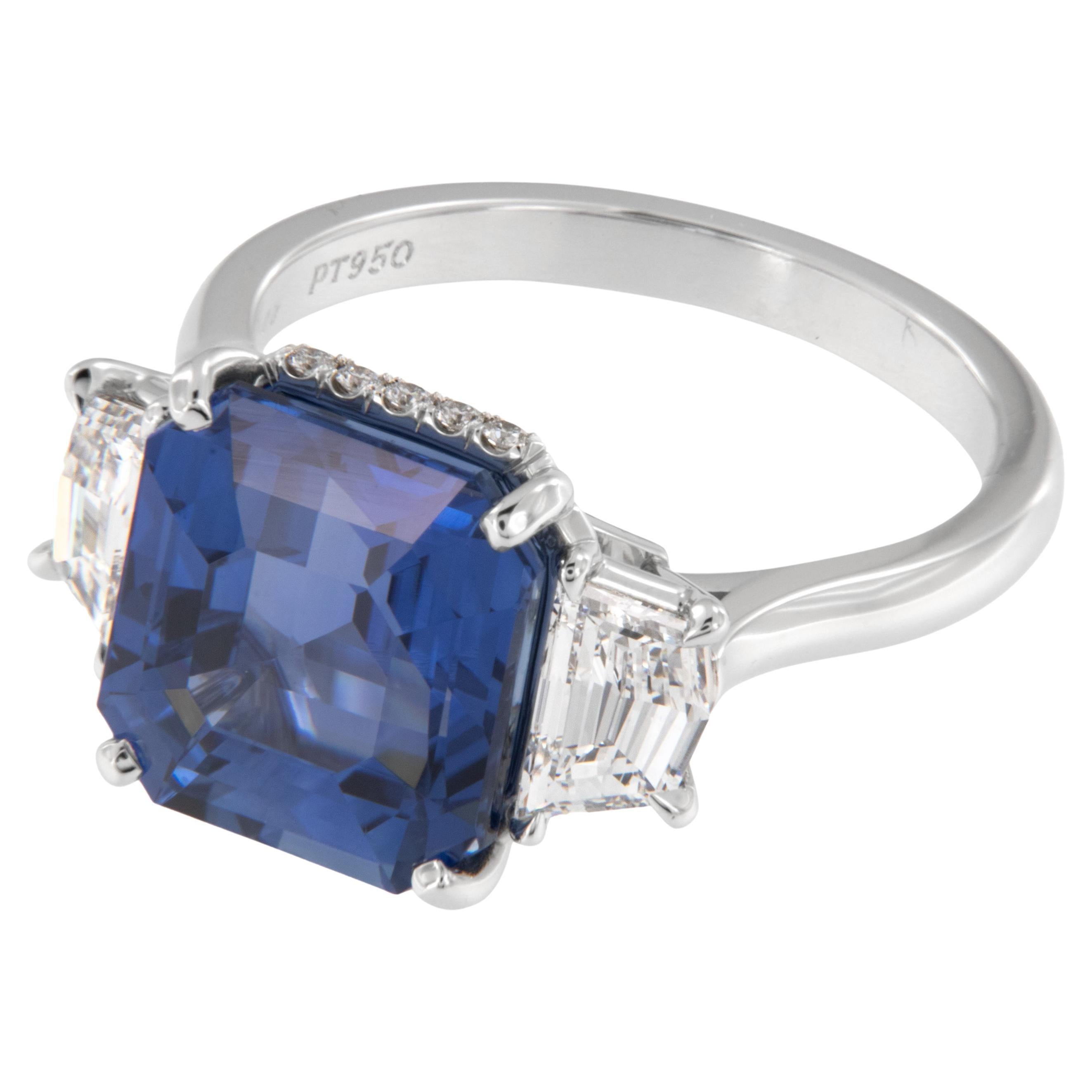 Handmade in NYC & known for his superb, finest quality gems & craftsmanship, this classic ring by William Rosenberg is a stunner! A crisp, saturated blue sapphire = 8.12 Cttw takes center stage with 2 D-E VVS Cadillac Cut diamonds = 1.08 cttw