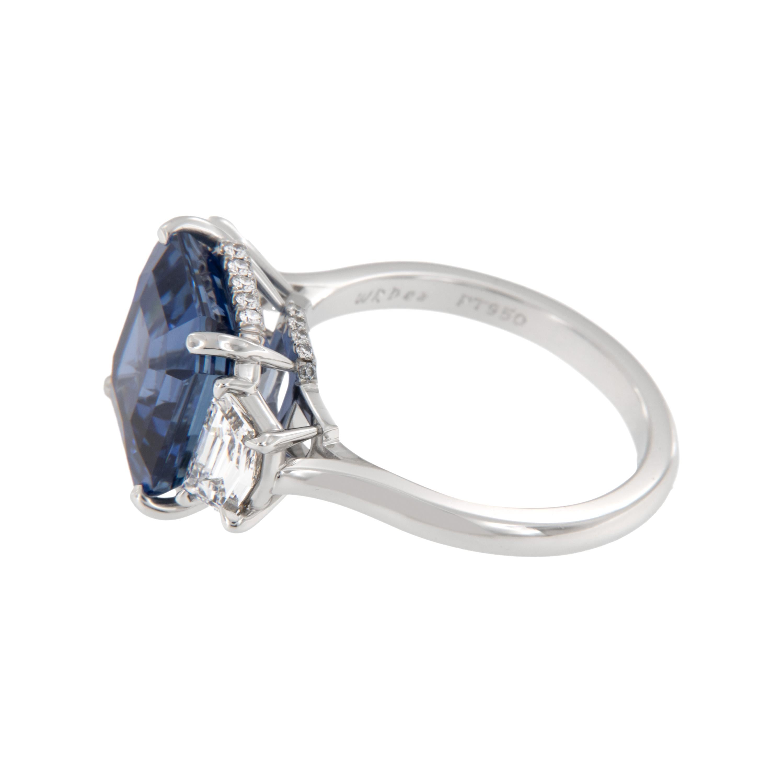 Asscher Cut Platinum 8.12 Carat Blue Sapphire & 1.27 Cttw Diamond Ring by William Rosenberg For Sale