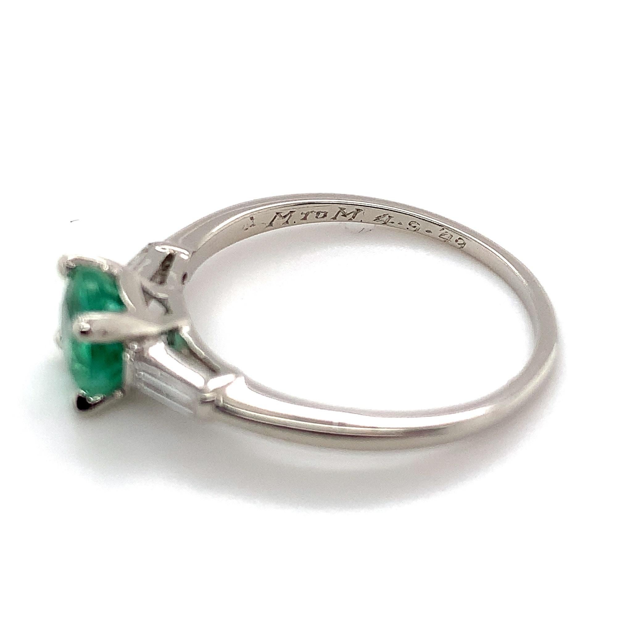 Platinum .83ct Emerald and Diamond Baguette Ring In Good Condition In Big Bend, WI