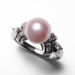Platinum Pink Coral Core Pearl Ring with Diamonds