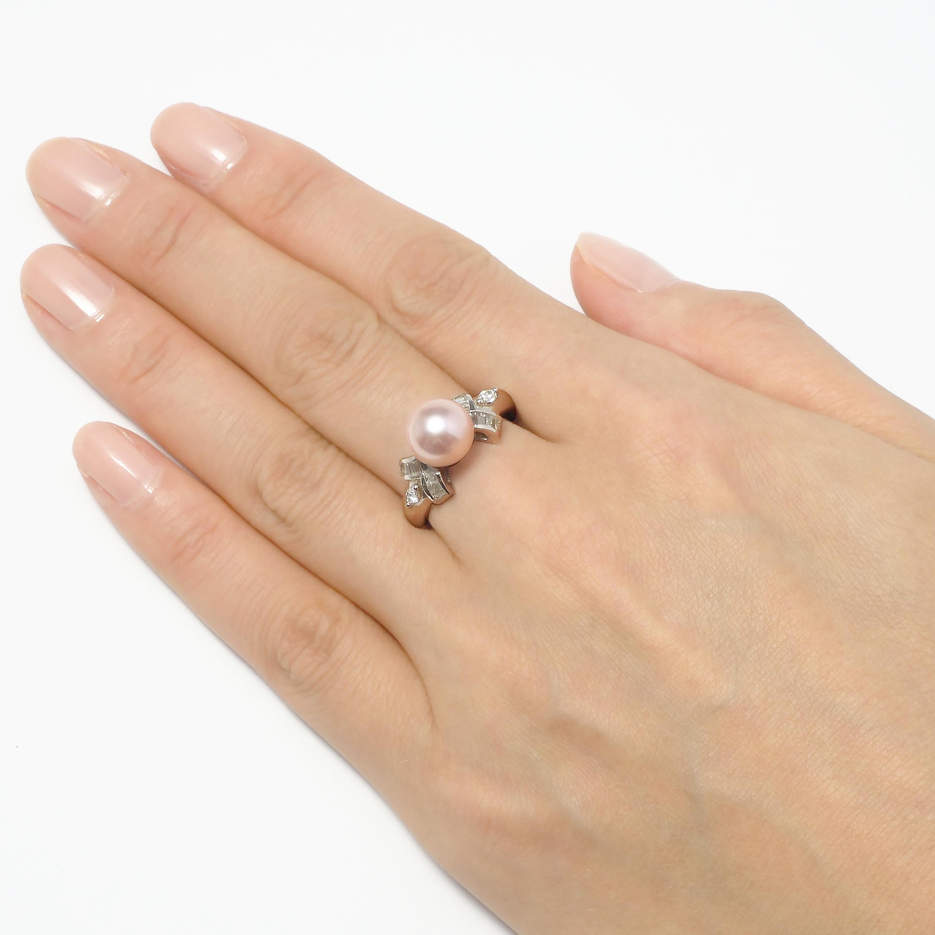 Round Cut Platinum Pink Coral Core Pearl Ring with Diamonds For Sale