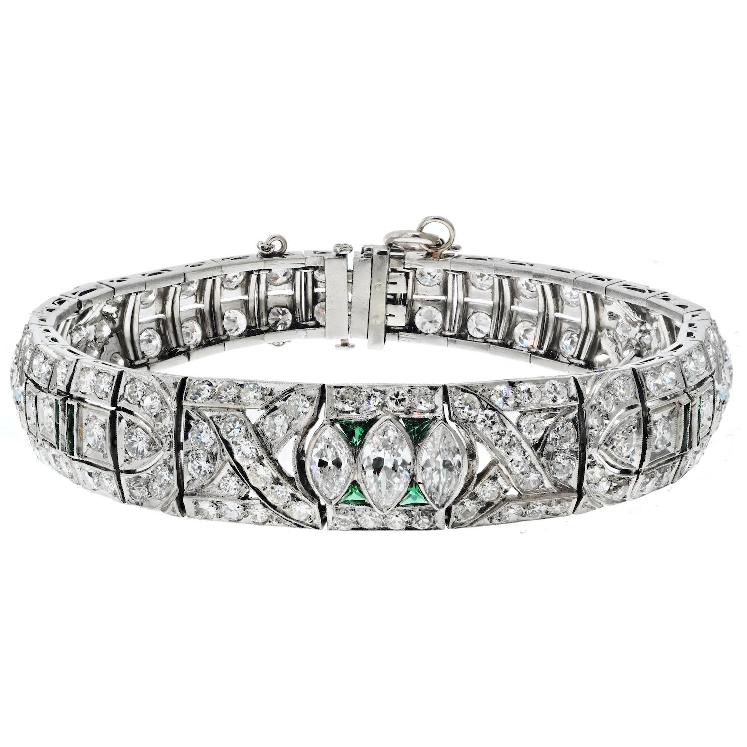 Modern Platinum 8.50cttw Art Deco Diamond And Green Emerald Bracelet For Sale