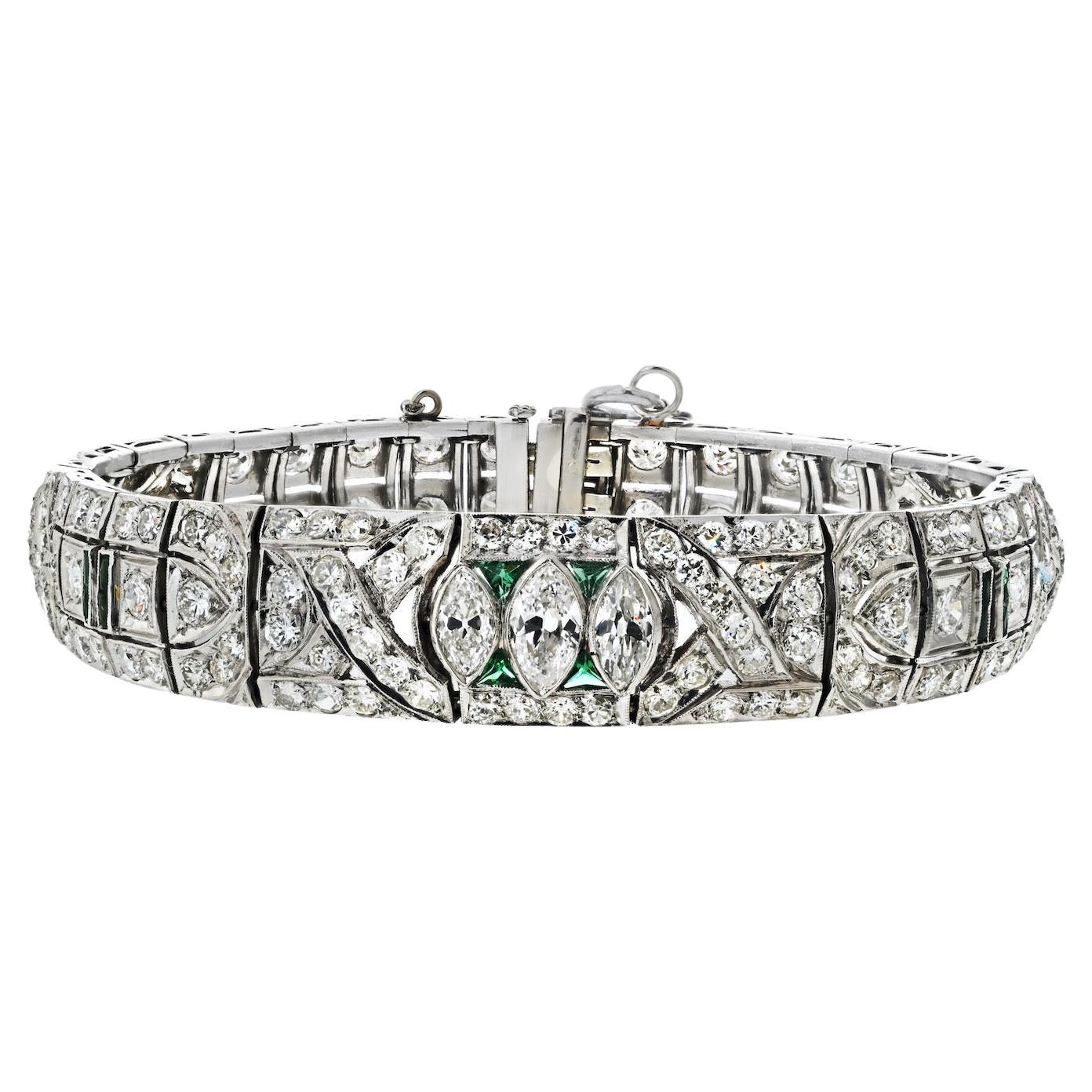 Platinum 8.50cttw Art Deco Diamond And Green Emerald Bracelet For Sale