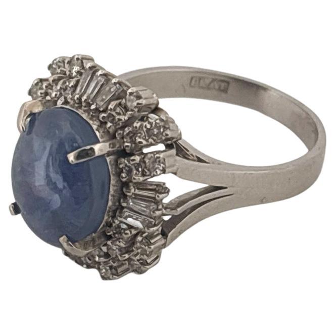 Bague en platine 9 carats saphir bleu étoilé 0,79 carat diamant rond et baguette Unisexe en vente