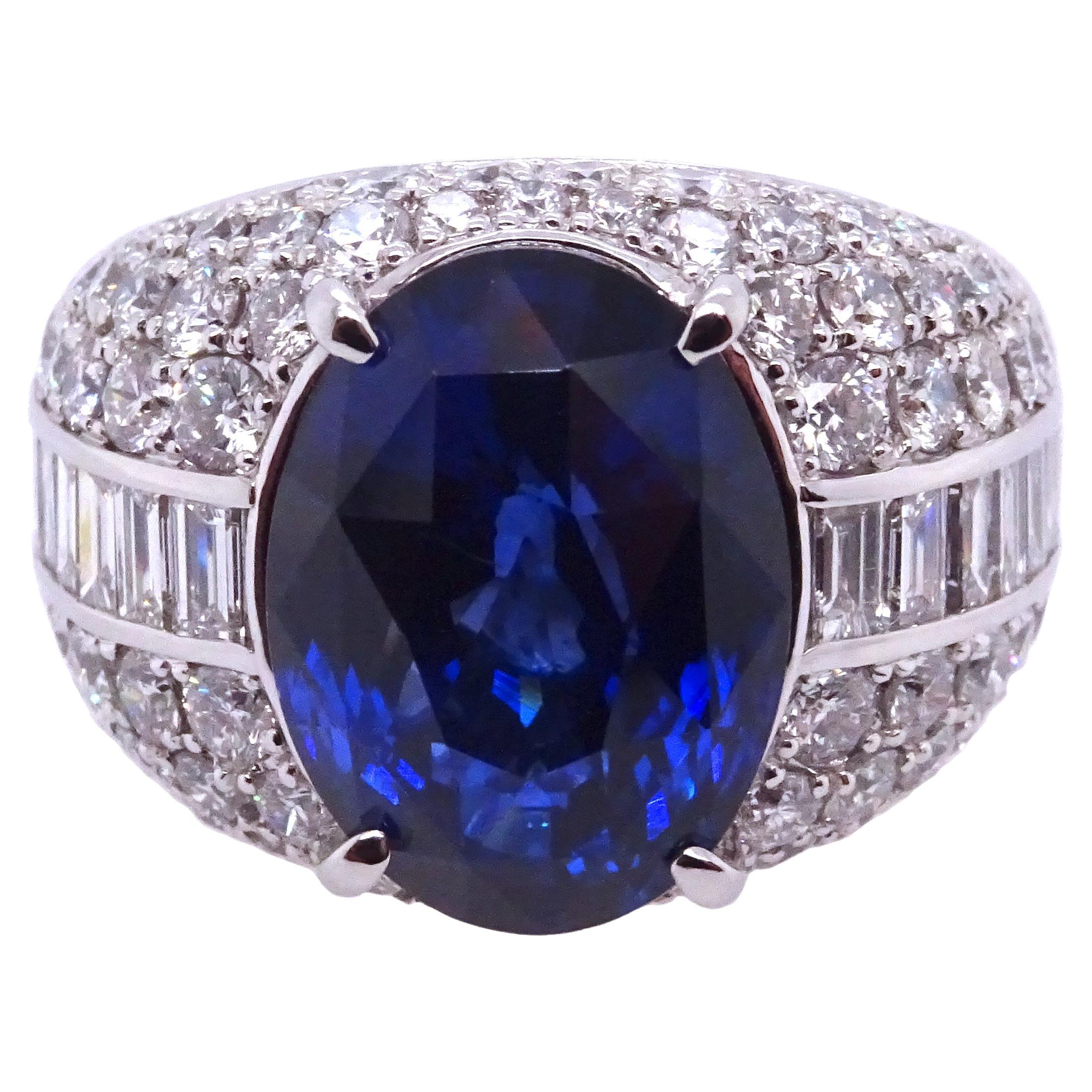 Platinum 900 Ring with Round and Baguette Diamonds and Royal Blue Sapphire For Sale