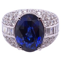 Platinum 900 Ring with Round and Baguette Diamonds and Royal Blue Sapphire