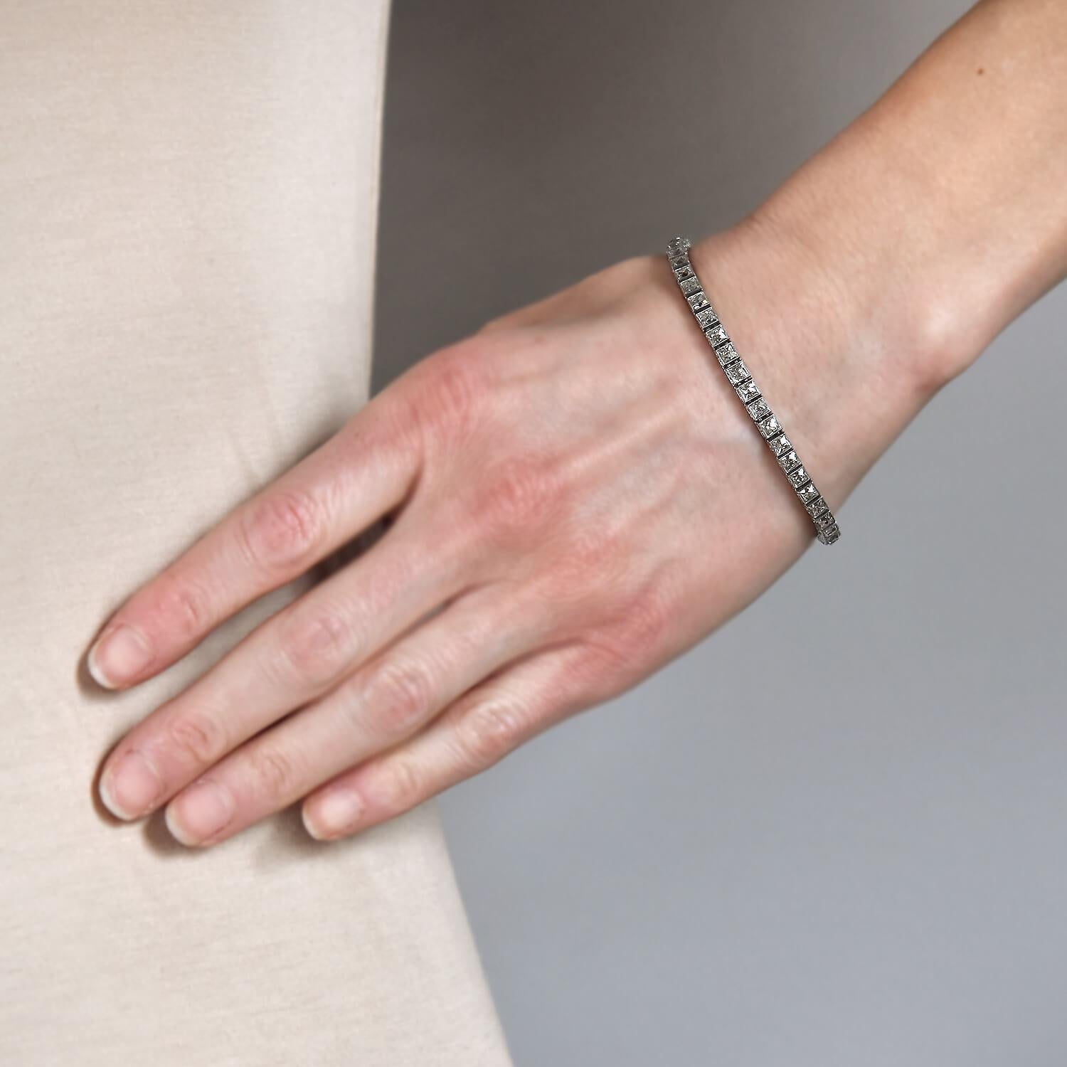 Women's Platinum 9.00 Carat French Cut Diamond Line Bracelet For Sale
