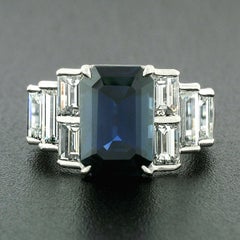 Platinum 9.07ctw GIA Emerald Cut No Heat Sapphire & Large Baguette Diamond Ring