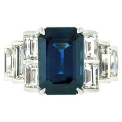 Platinum 9.07ctw GIA Emerald Cut No Heat Sapphire 
Large Baguette Diamond Ring