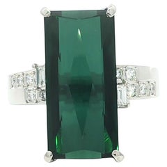 Platinum 9.33ctw Long Checkerboard Deep Green Tourmaline Diamond Sides Ring
