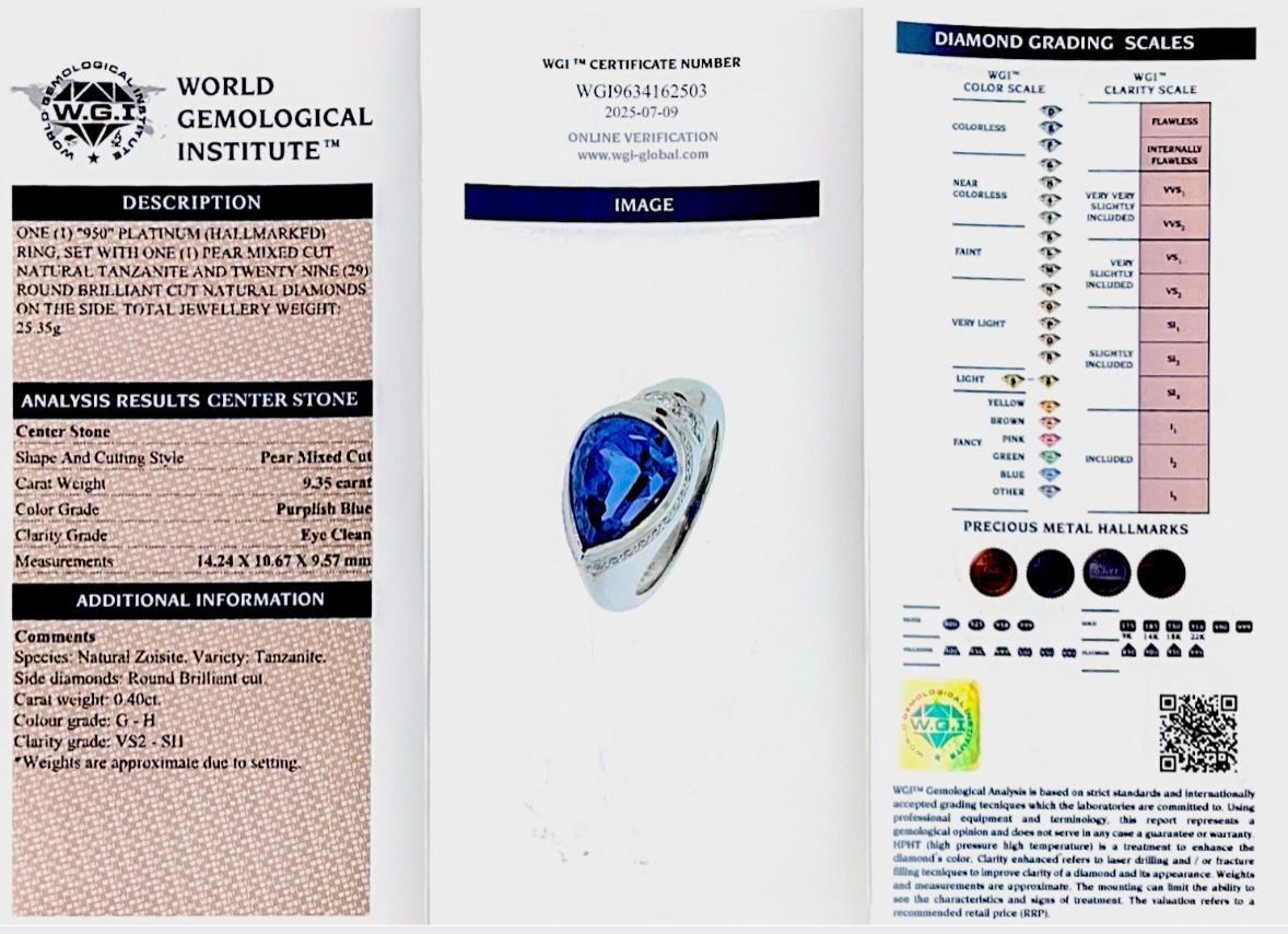Anello in platino con tanzanite a pera e diamanti da 9,35 carati

Un audace anello da cocktail in platino con una tanzanite naturale da 9,35 carati con taglio a pera di un vivace colore blu-viola, impreziosita da 29 diamanti rotondi con taglio a