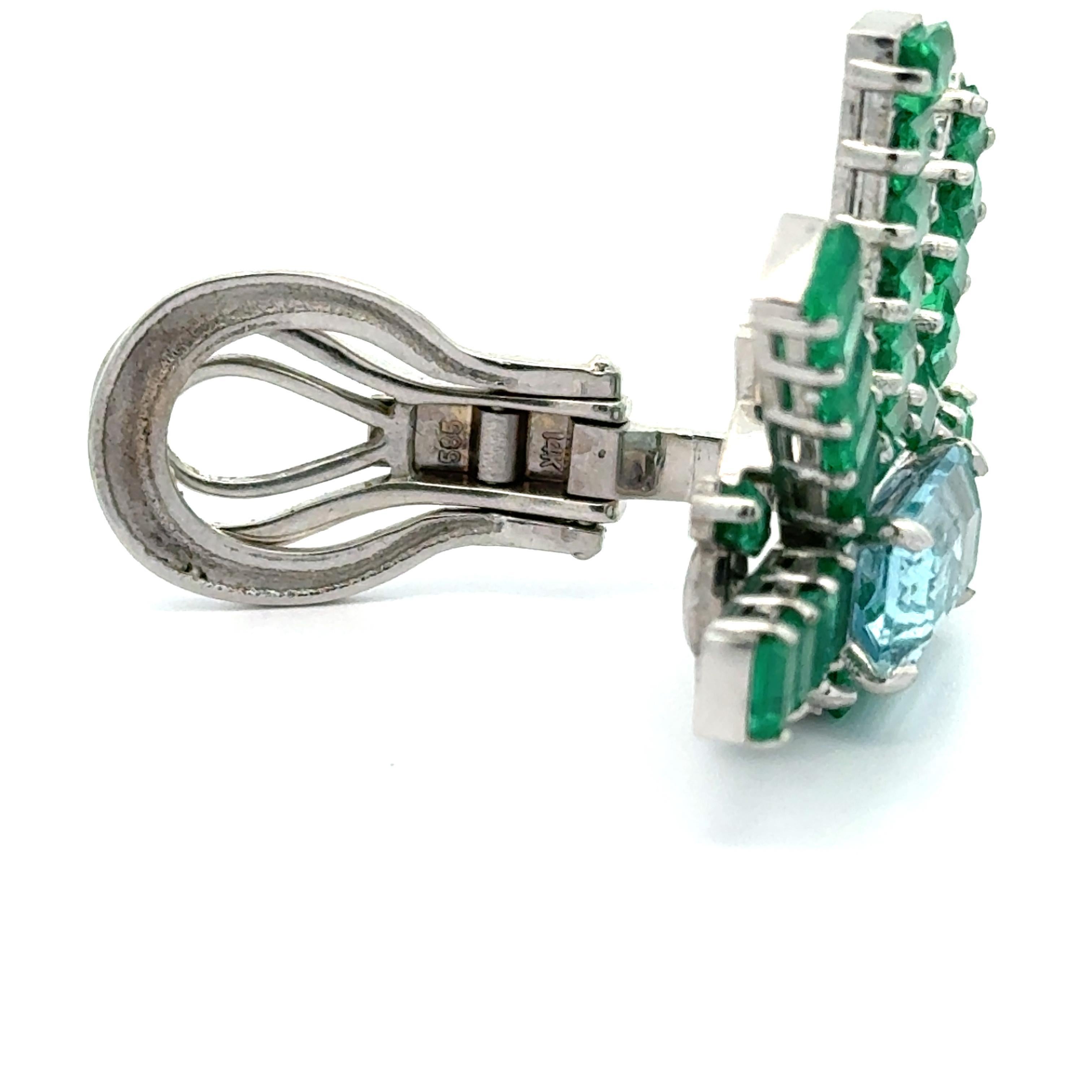 Boucles d'oreilles clips en platine avec flocon de neige et émeraude de 9,3 carats et aigue-marine de 4,0 carats en vente 1