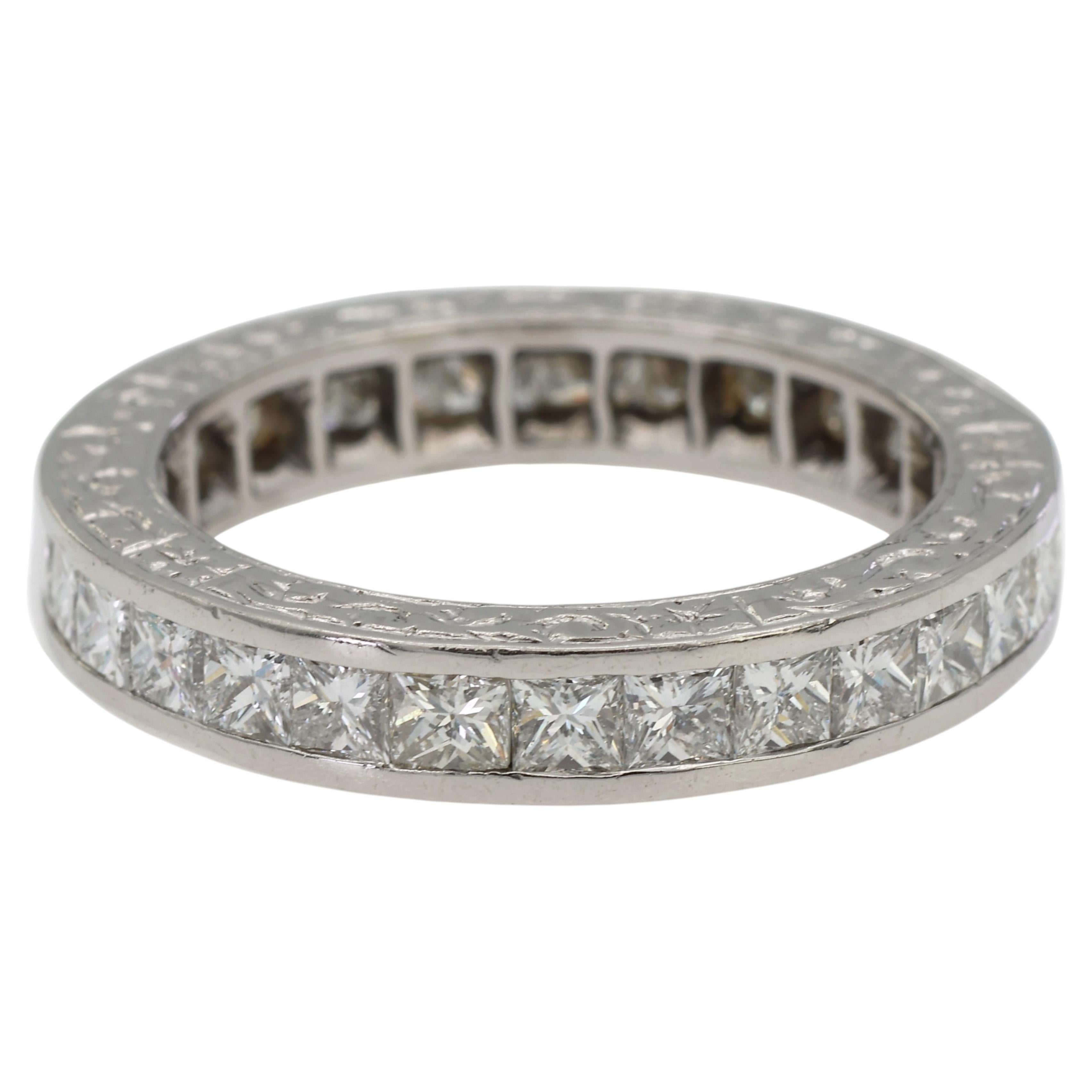 Platinum 950 All Around Natural Diamond Princess Cut Engraving Band Ring