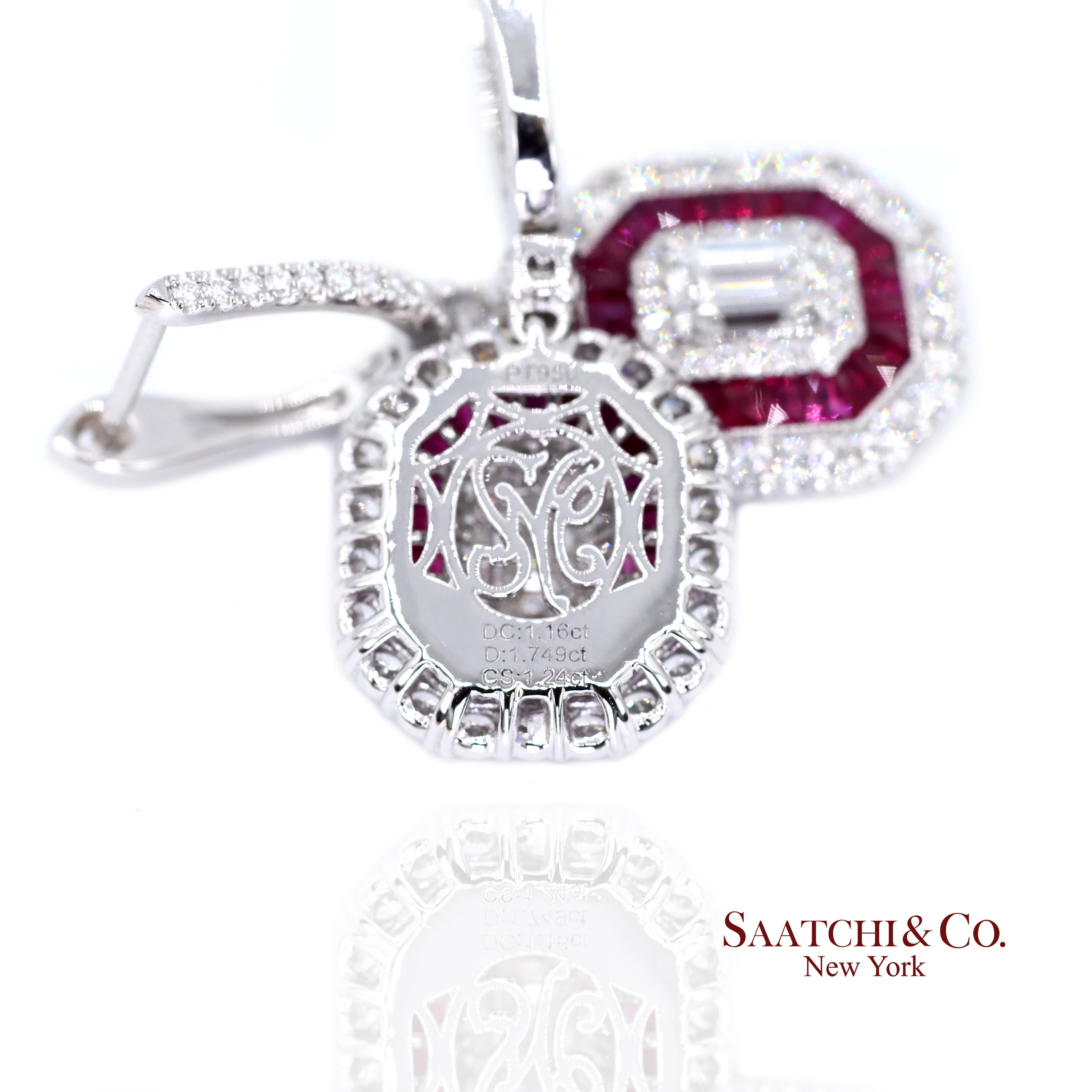Ohrring aus Platin 950 mit baumelndem Rubin und Diamant im Angebot 1