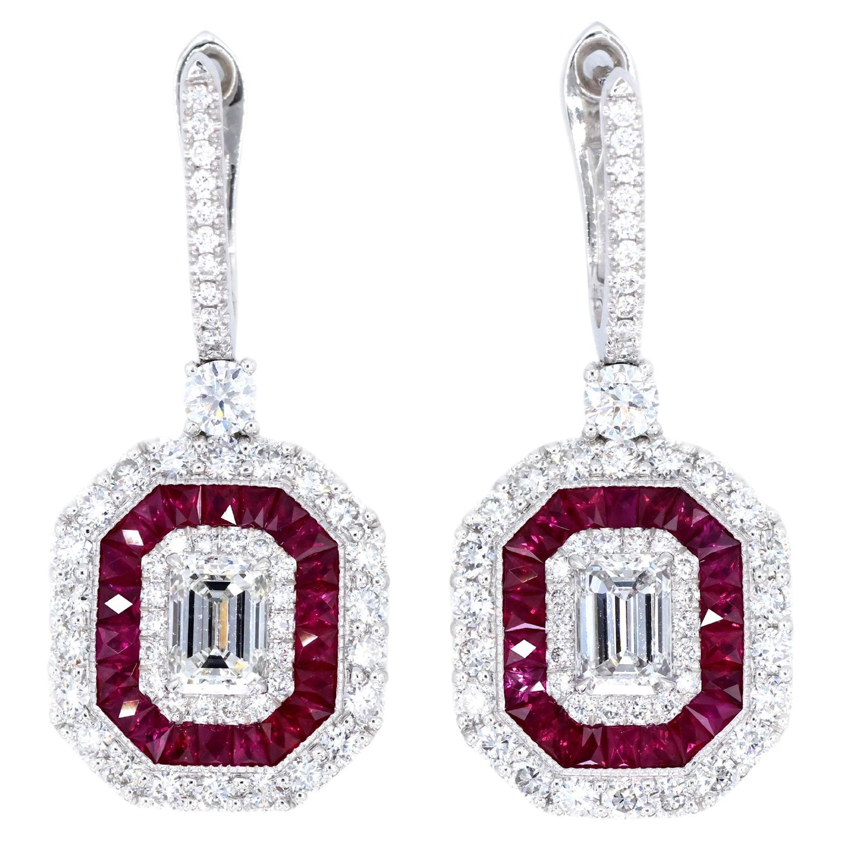 Ohrring aus Platin 950 mit baumelndem Rubin und Diamant im Angebot