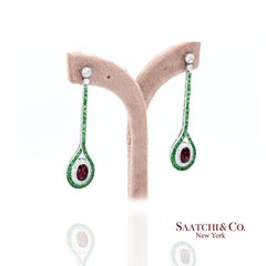 Platinum 950 Dangling Natural Ruby Emerald and Diamond Earring