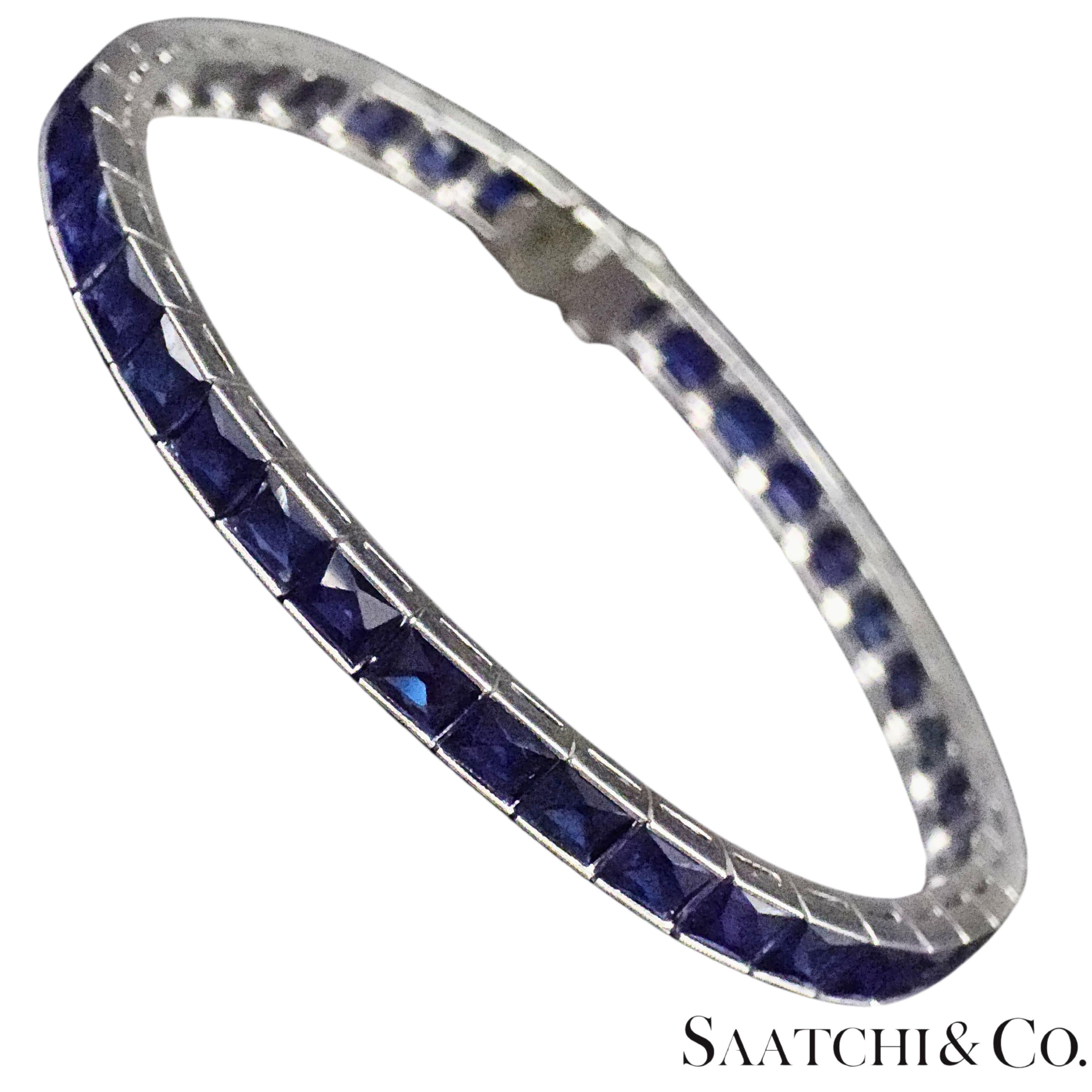 Art Déco Platino 950 LAB Creazione di uno zaffiro di alta qualità con taglio Grench: Bracciale Tennis in vendita