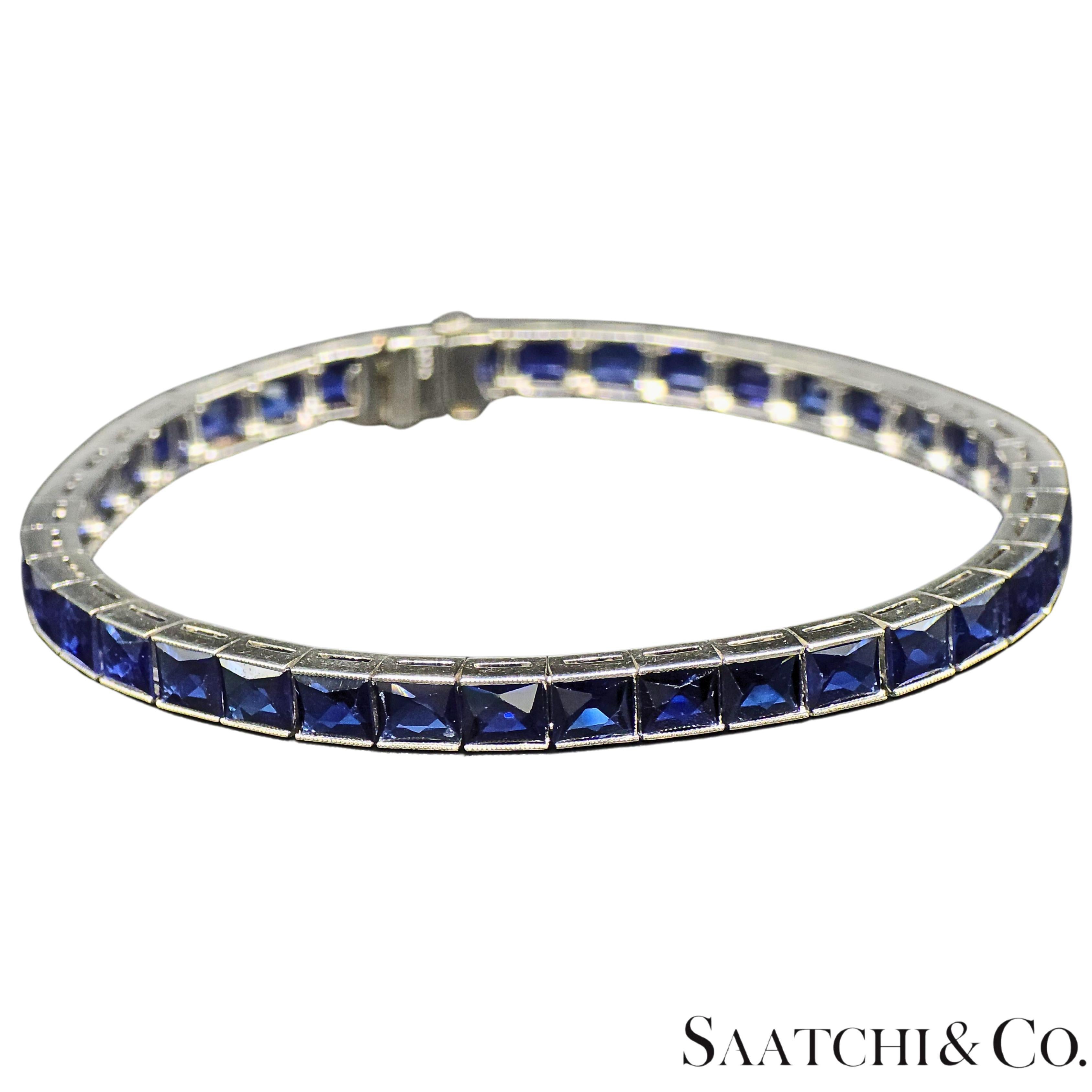 Platino 950 LAB Creazione di uno zaffiro di alta qualità con taglio Grench: Bracciale Tennis In condizioni ottime in vendita a New York, NY