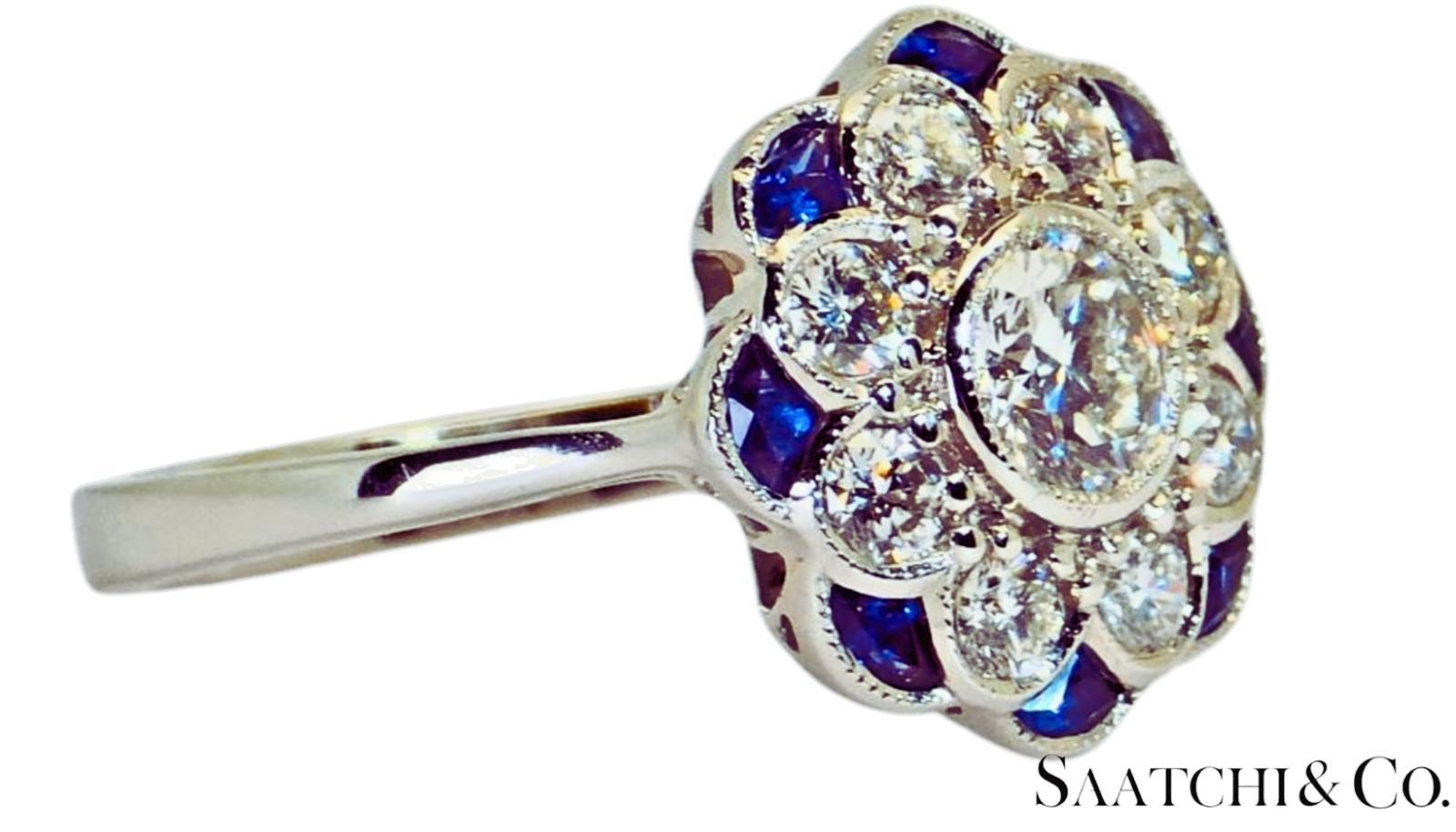 Platino 950 - Anillo de diamante natural de 1,08 qt y zafiro azul de 0,55 qt, talla 7 Art Decó en venta