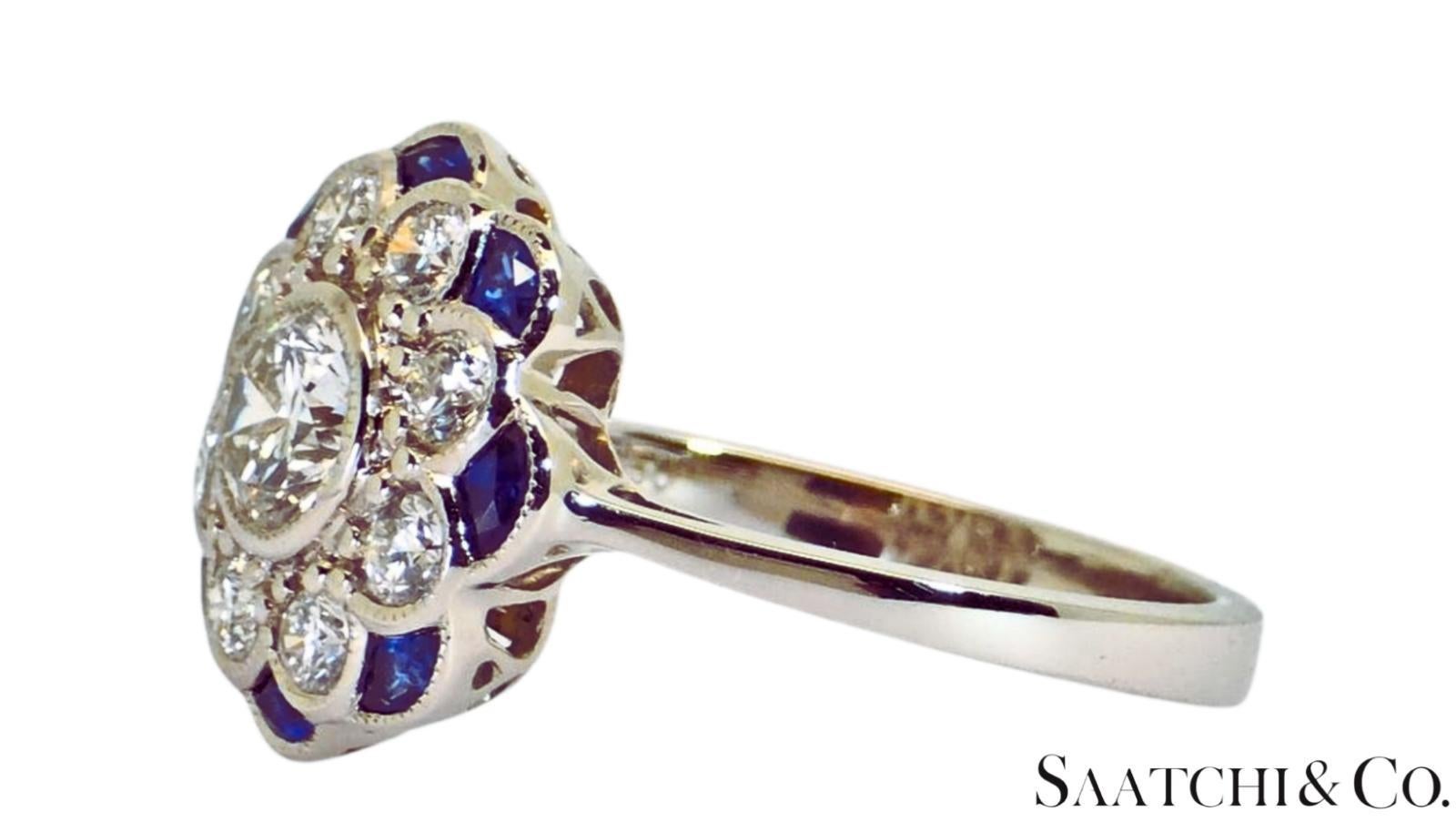 Platino 950 - Anillo de diamante natural de 1,08 qt y zafiro azul de 0,55 qt, talla 7 Corte redondo en venta