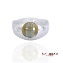 Platinum 950 Natural Chrysoberyl Cat's Eye and Natural Diamond Ring