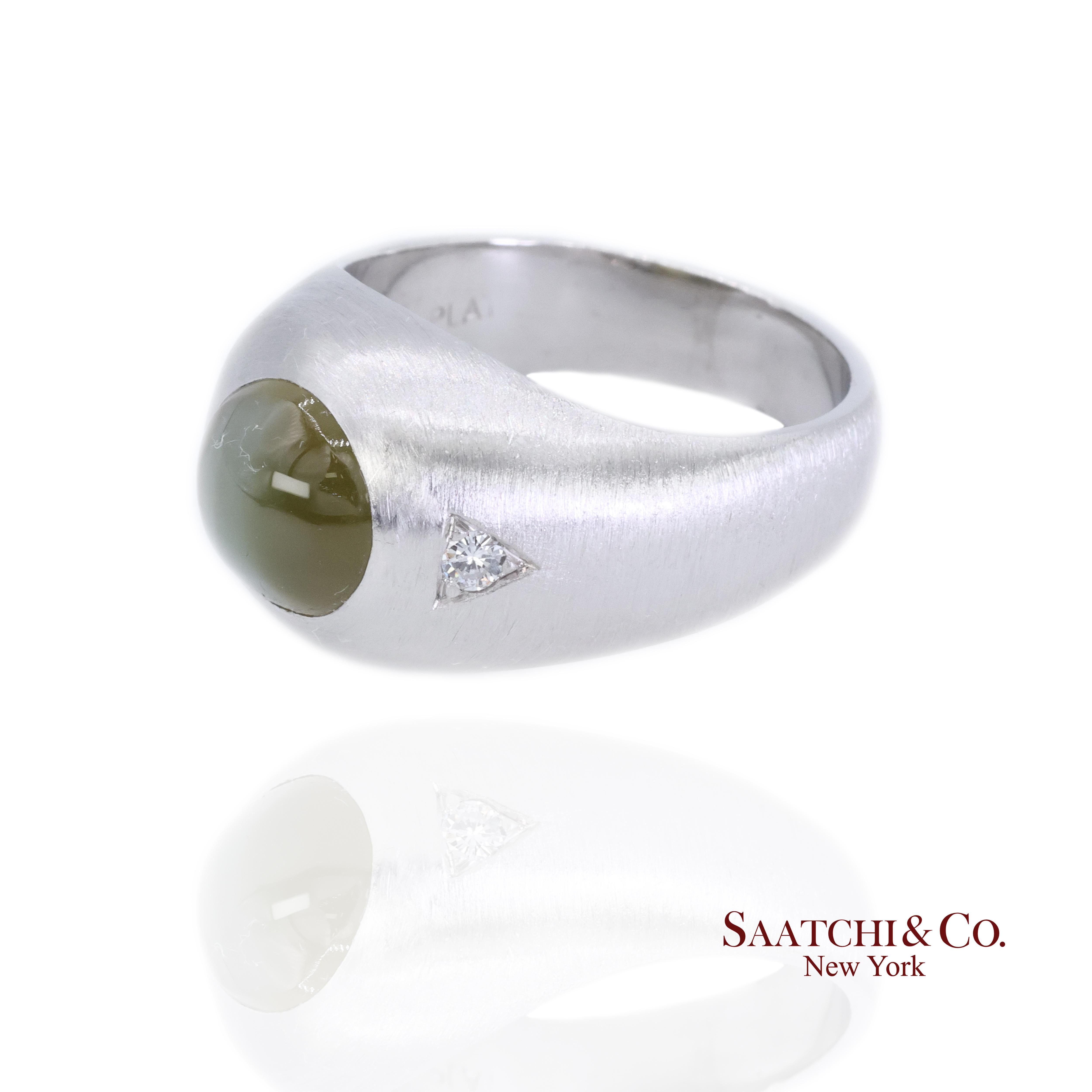 Platin 950 Natürlicher Chrysoberyll Katzenauge und natürlicher Diamant Ring (Cabochon) im Angebot