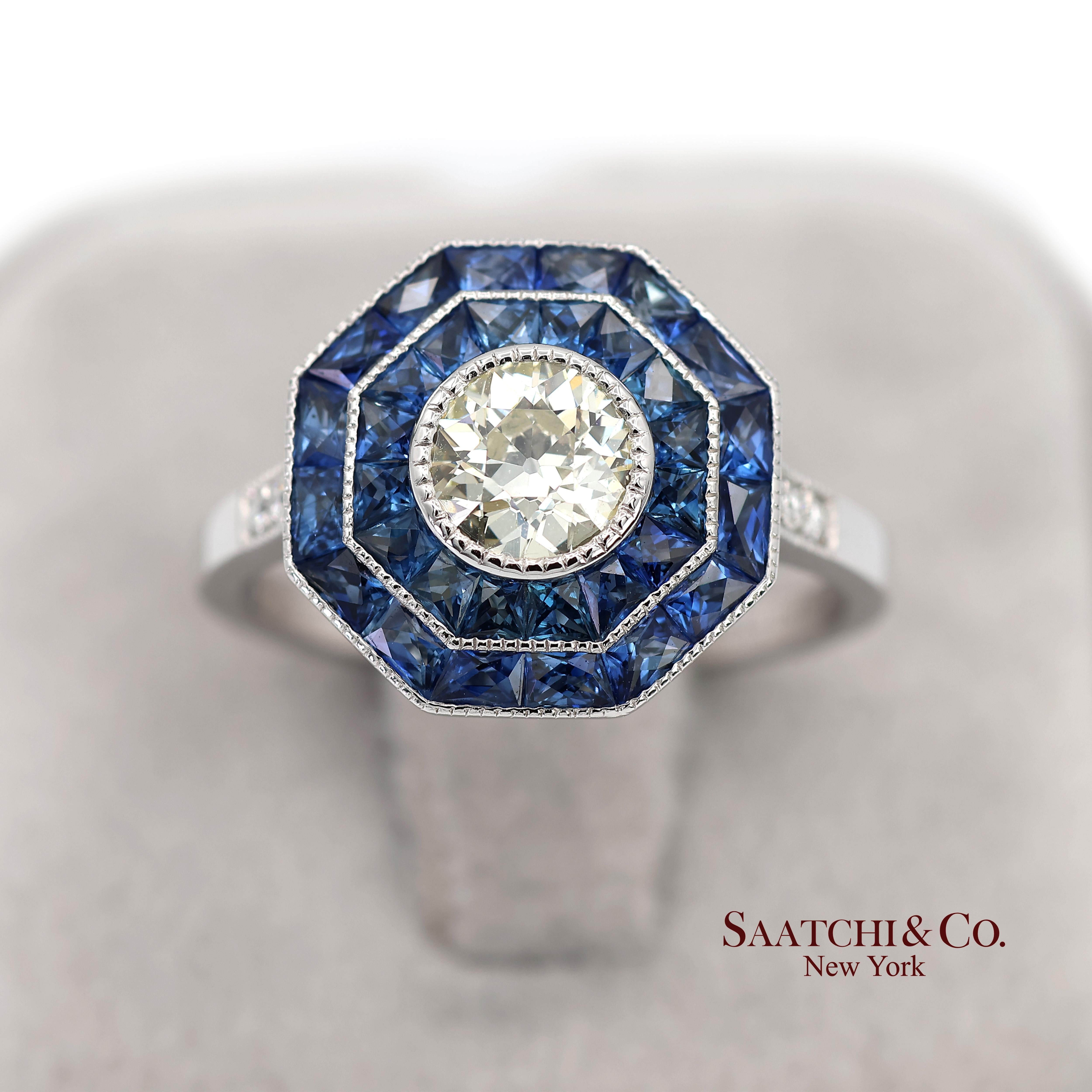 Anillo Milgrain de Platino 950 con Diamante Natural y Zafiro Natural en venta 4