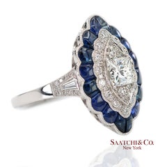 Platinum 950 Natural Diamond and Natural Sapphire Milgrain Ring