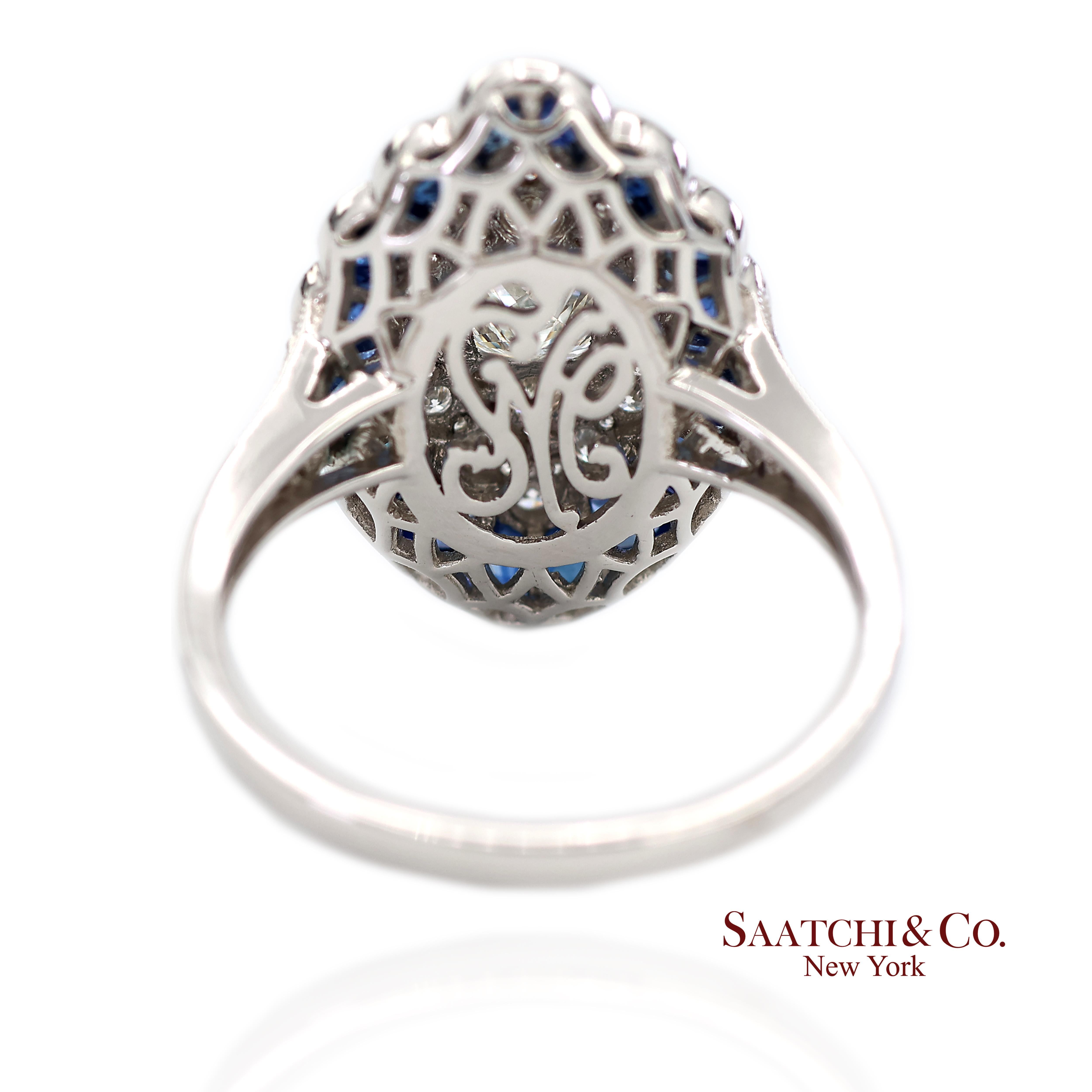 Anillo Milgrain de Platino 950 con Diamante Natural y Zafiro Natural Corte princesa en venta