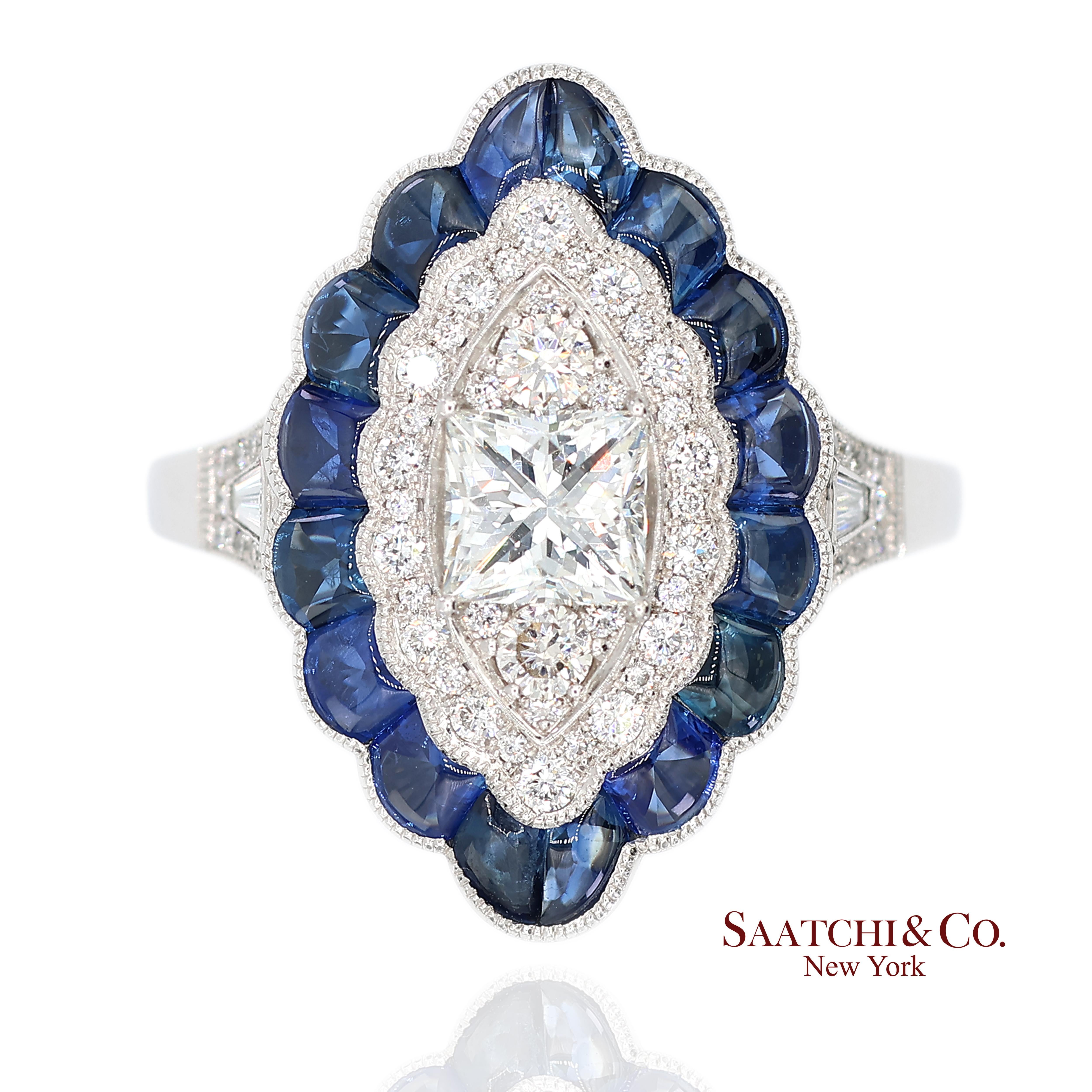 Anillo Milgrain de Platino 950 con Diamante Natural y Zafiro Natural en Nuevo estado para la venta en New York, NY